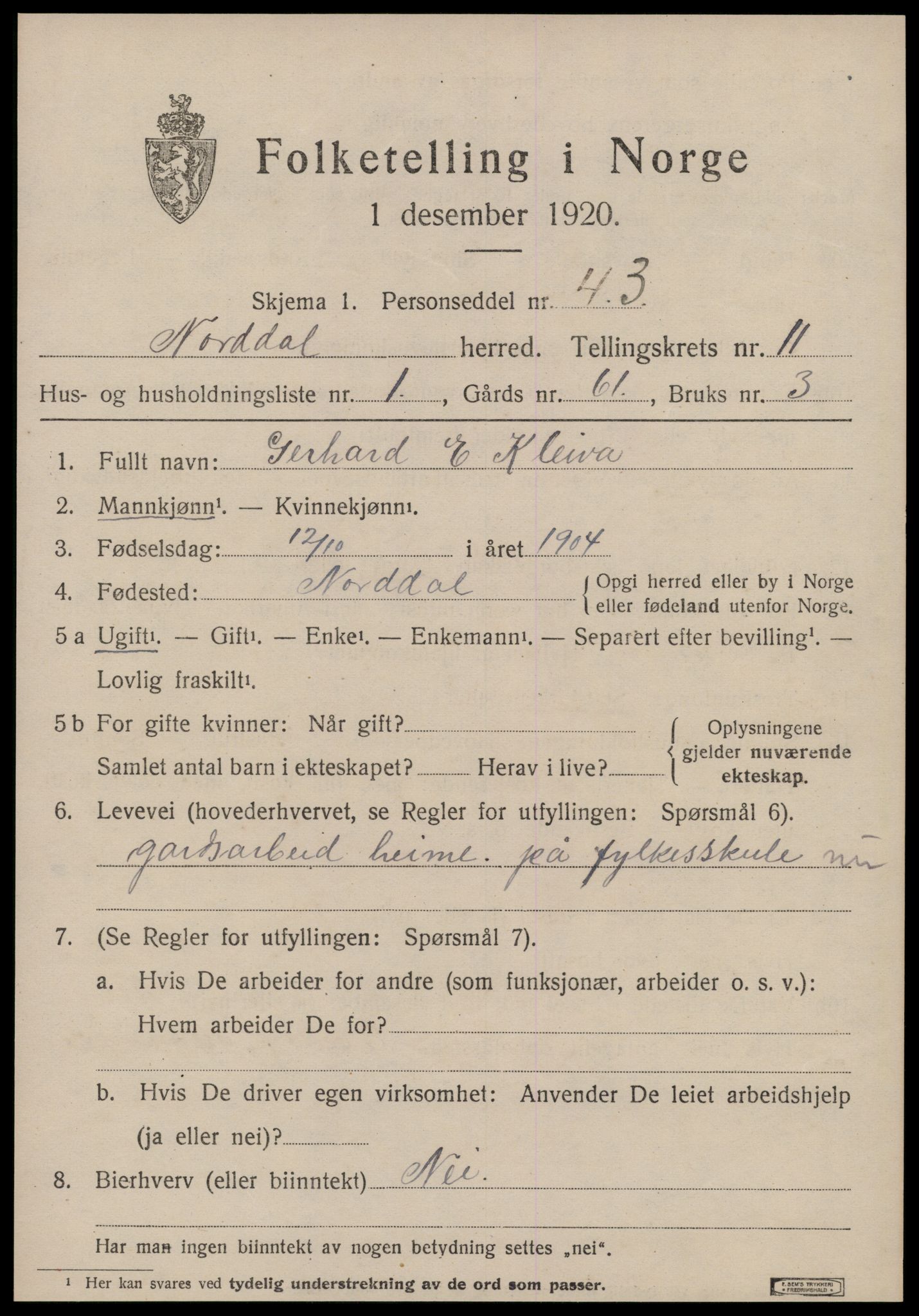 SAT, 1920 census for Norddal, 1920, p. 5595