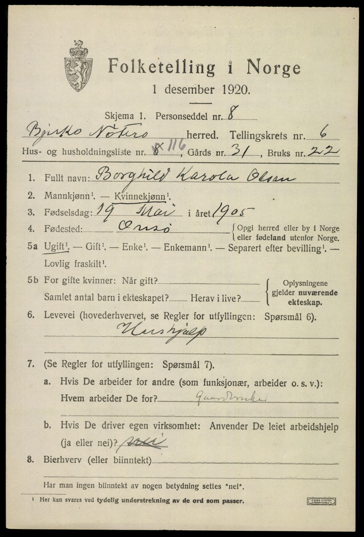 SAKO, 1920 census for Nøtterøy, 1920, p. 9423