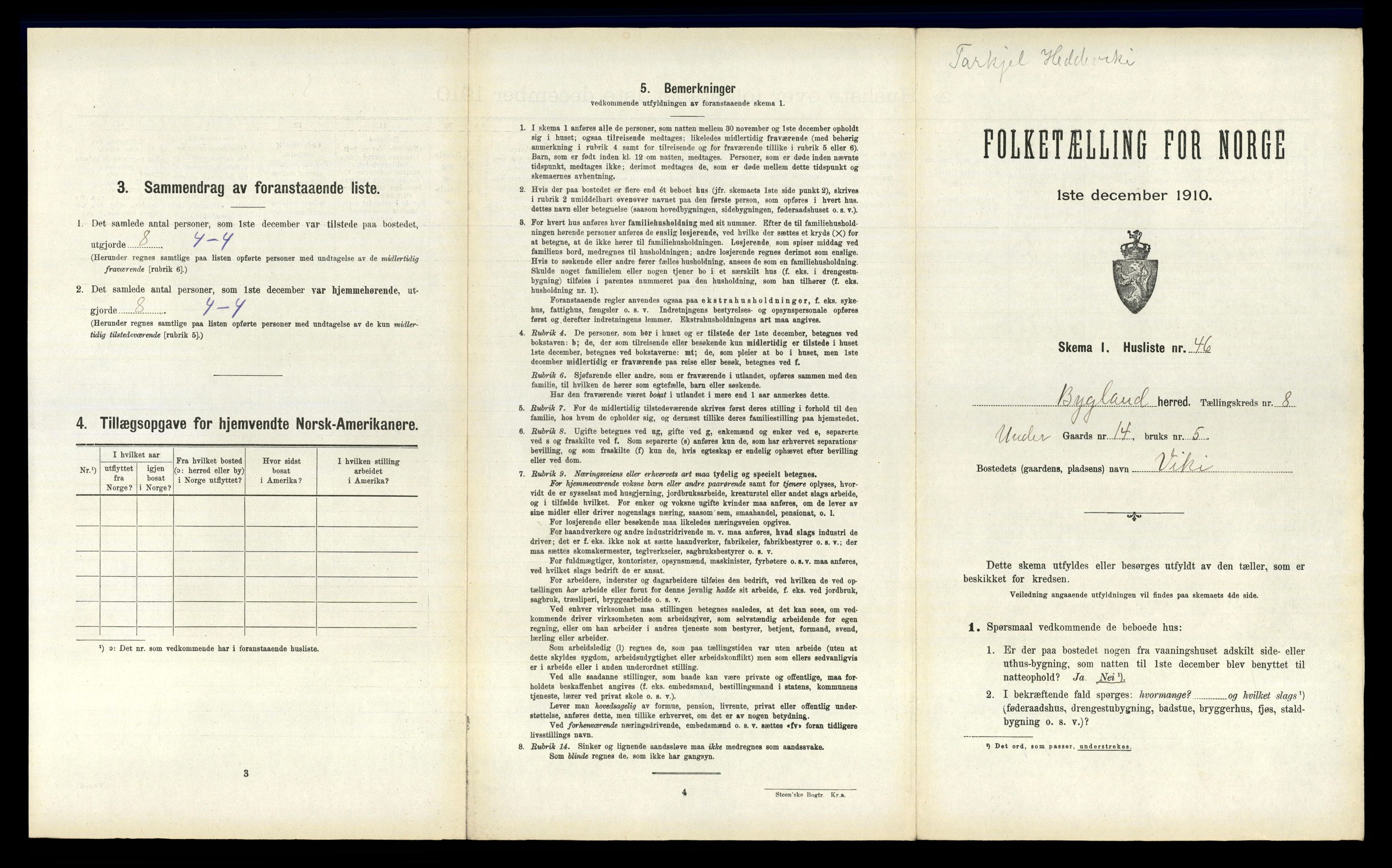 RA, 1910 census for Bygland, 1910, p. 673