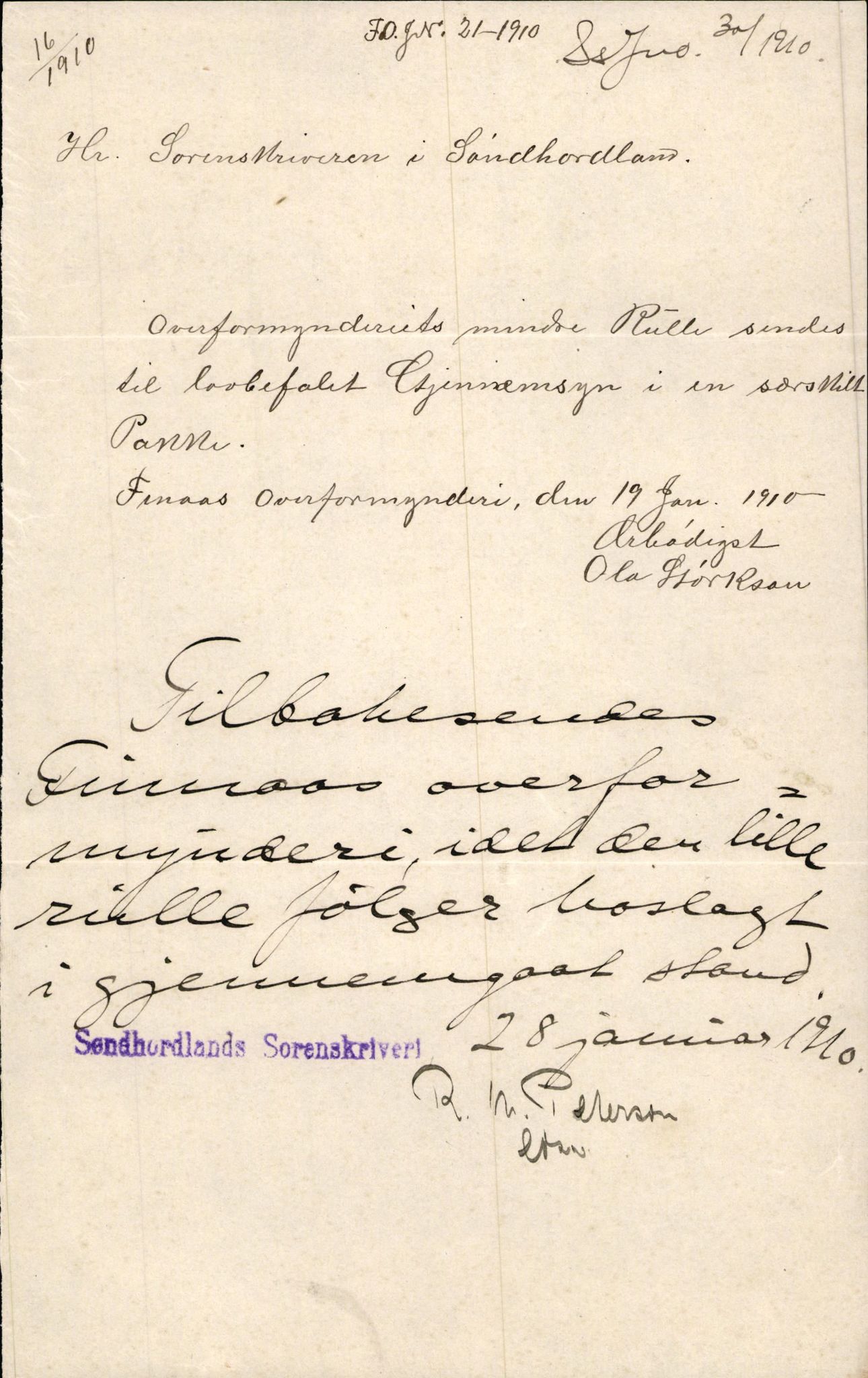 Finnaas kommune. Overformynderiet, IKAH/1218a-812/D/Da/Daa/L0002/0004: Kronologisk ordna korrespondanse / Kronologisk ordna korrespondanse, 1910-1913, p. 6