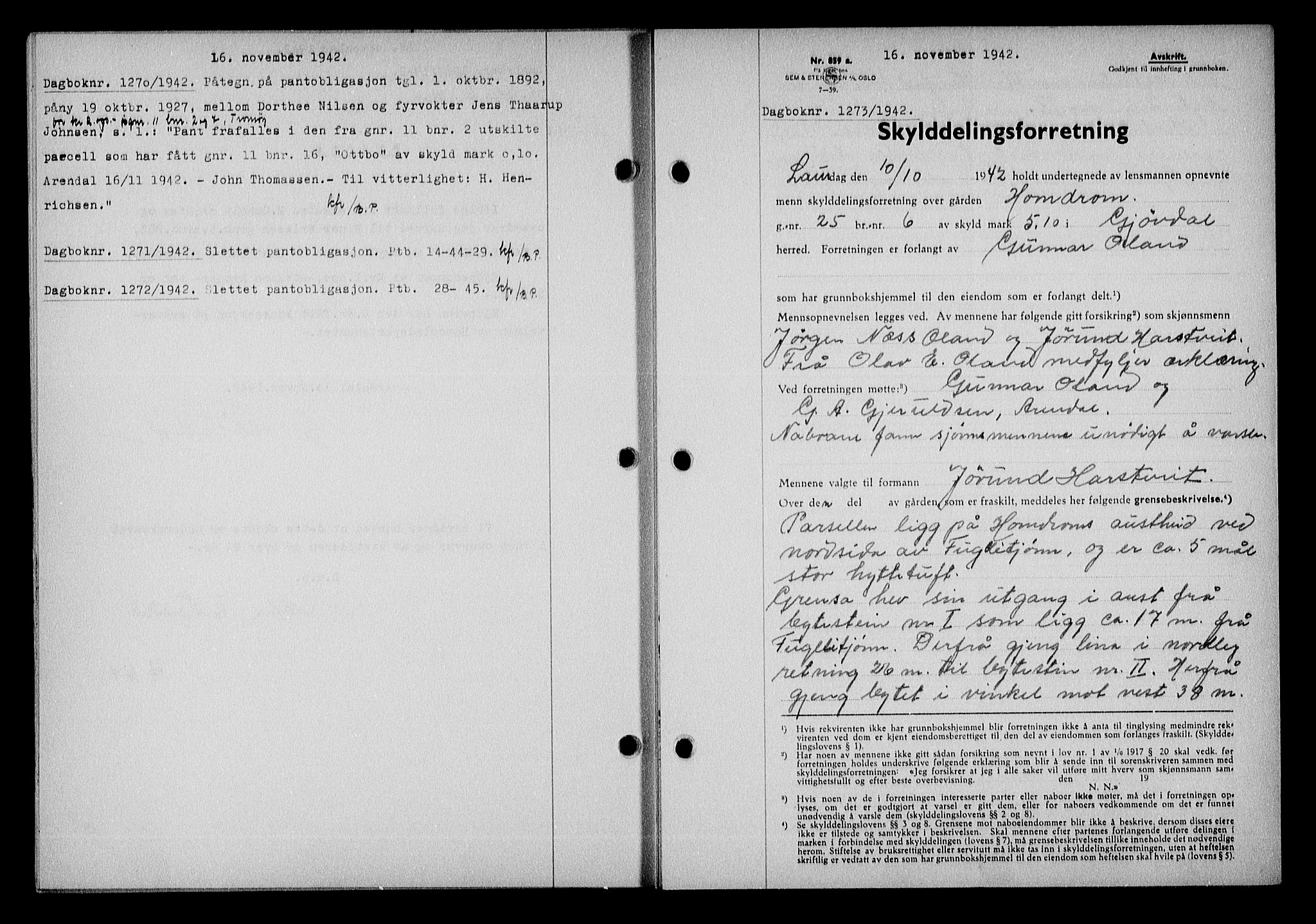 Nedenes sorenskriveri, AV/SAK-1221-0006/G/Gb/Gba/L0050: Mortgage book no. A-IV, 1942-1943, Diary no: : 1273/1942