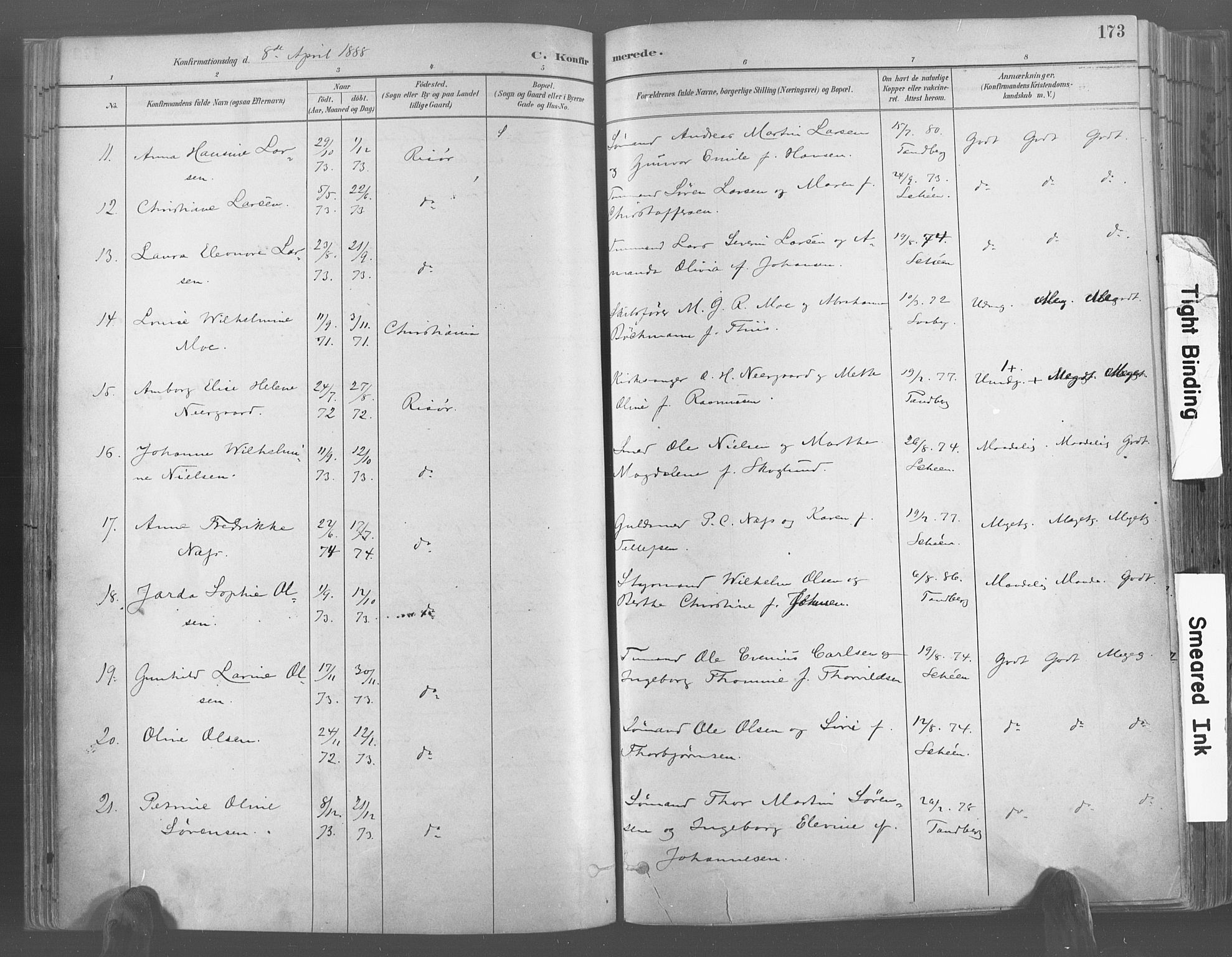 Risør sokneprestkontor, AV/SAK-1111-0035/F/Fa/L0005: Parish register (official) no. A 5, 1883-1895, p. 173