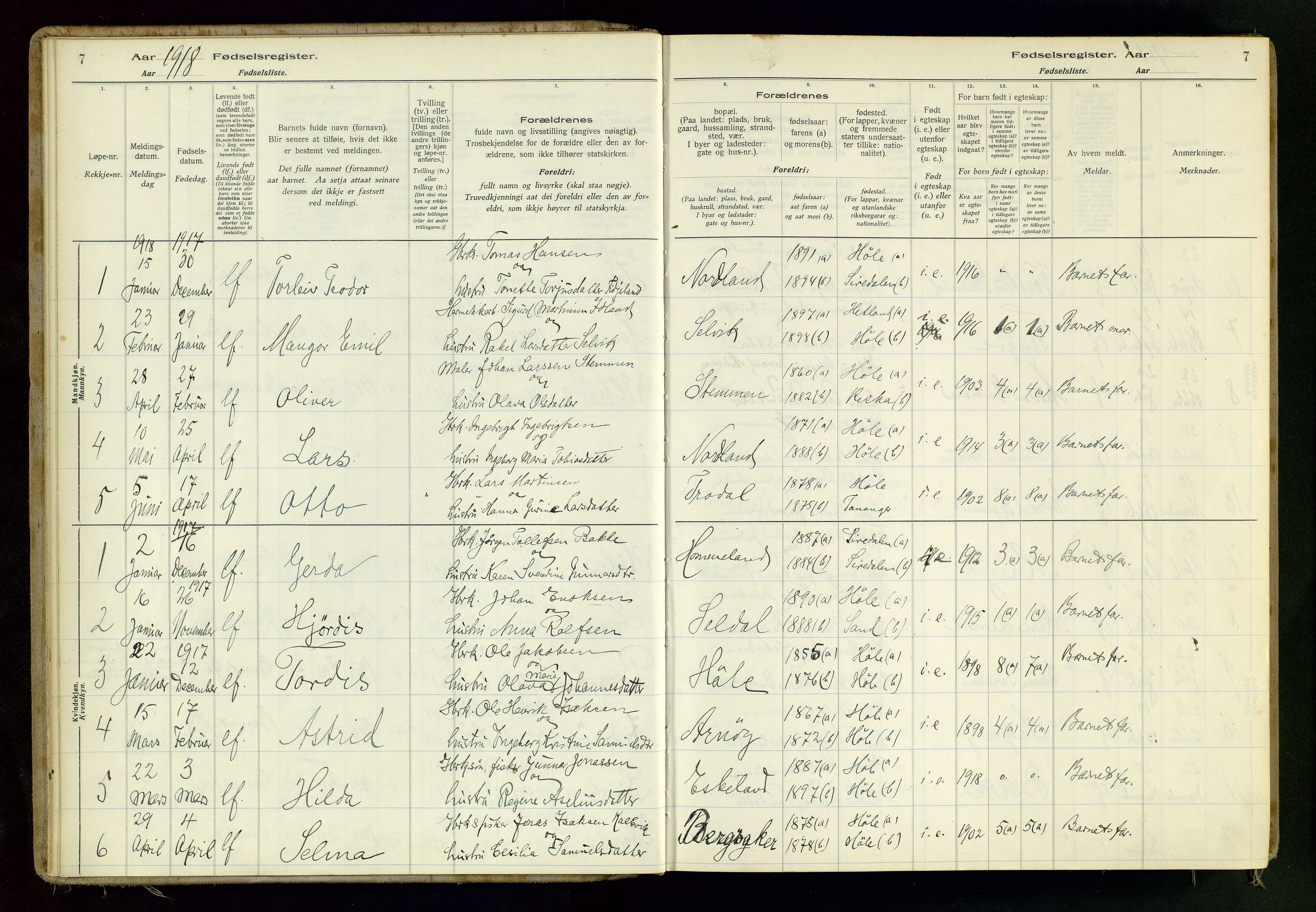 Høgsfjord sokneprestkontor, SAST/A-101624/I/Id/L0001: Birth register no. 1, 1916-1982, p. 7