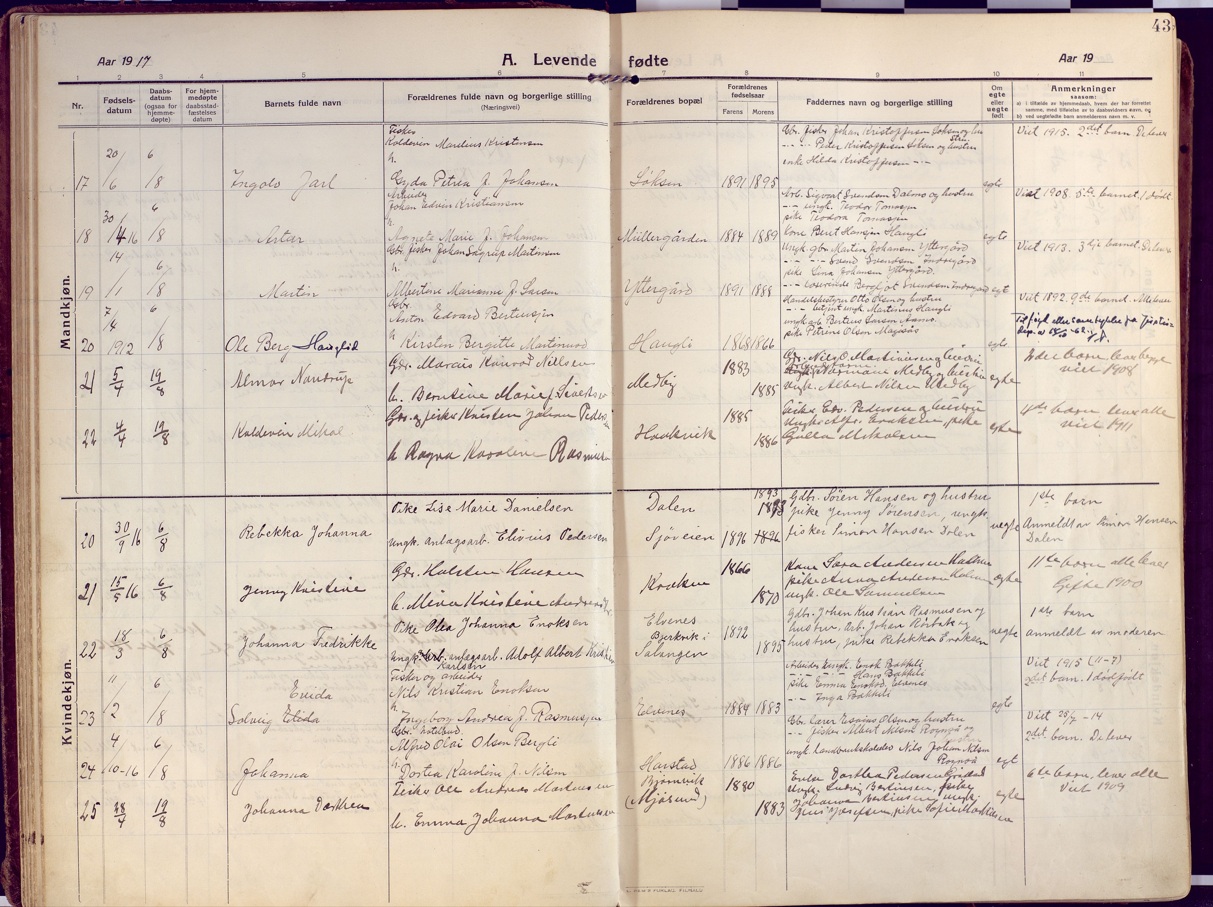 Salangen sokneprestembete, AV/SATØ-S-1324/H/Ha/L0004kirke: Parish register (official) no. 4, 1912-1927, p. 43