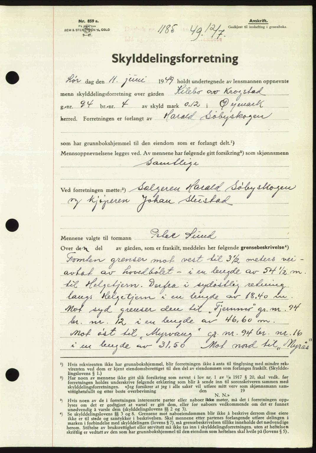 Idd og Marker sorenskriveri, AV/SAO-A-10283/G/Gb/Gbb/L0012: Mortgage book no. A12, 1949-1949, Diary no: : 1185/1949