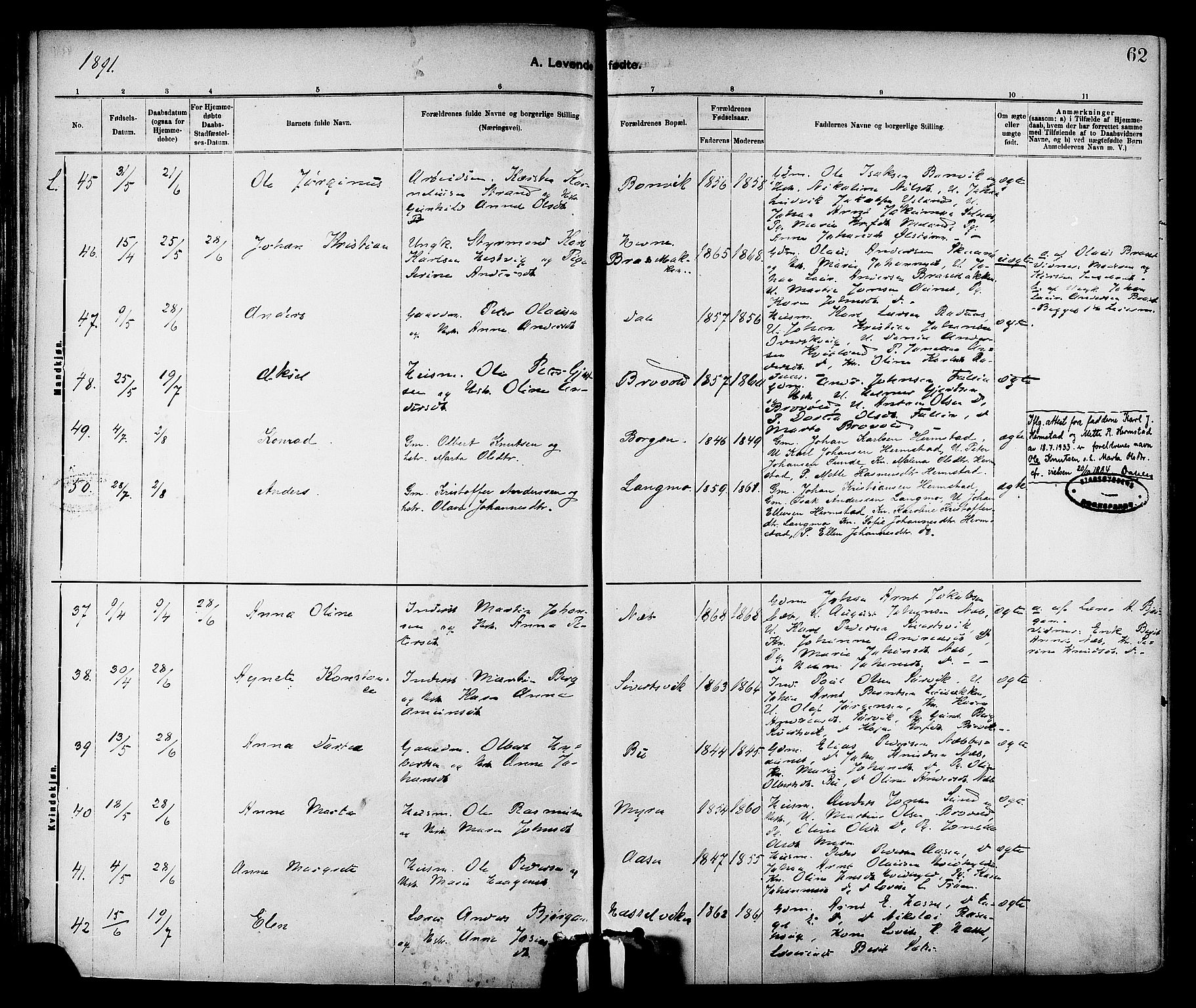 Ministerialprotokoller, klokkerbøker og fødselsregistre - Sør-Trøndelag, SAT/A-1456/647/L0634: Parish register (official) no. 647A01, 1885-1896, p. 62