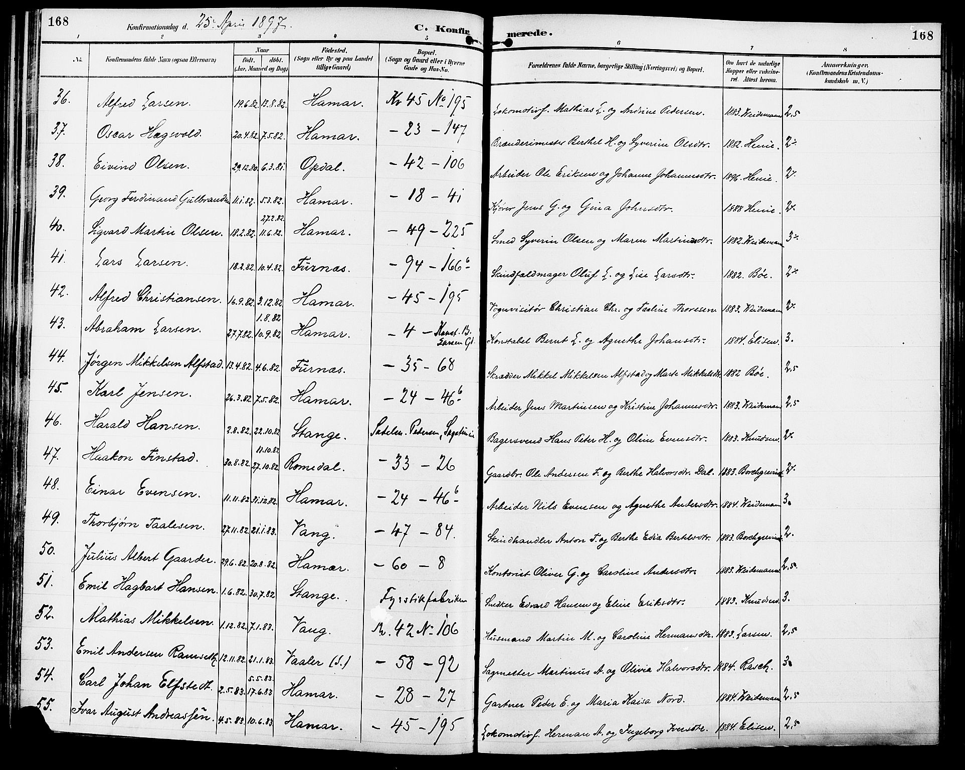 Vang prestekontor, Hedmark, SAH/PREST-008/H/Ha/Haa/L0017: Parish register (official) no. 17, 1890-1899, p. 168