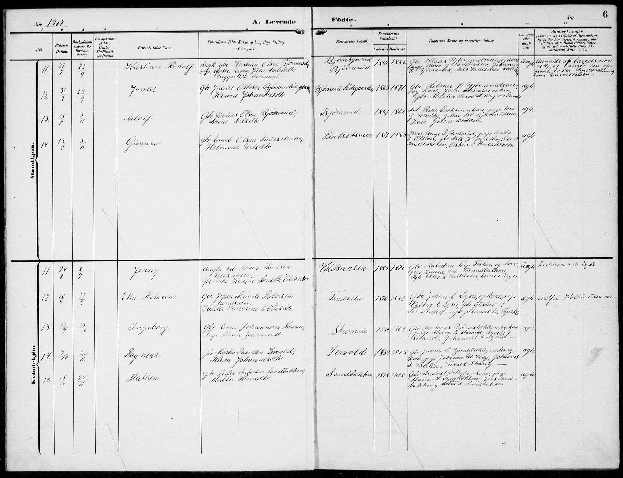 Kolbu prestekontor, SAH/PREST-110/H/Ha/Haa/L0001: Parish register (official) no. 1, 1907-1923, p. 6