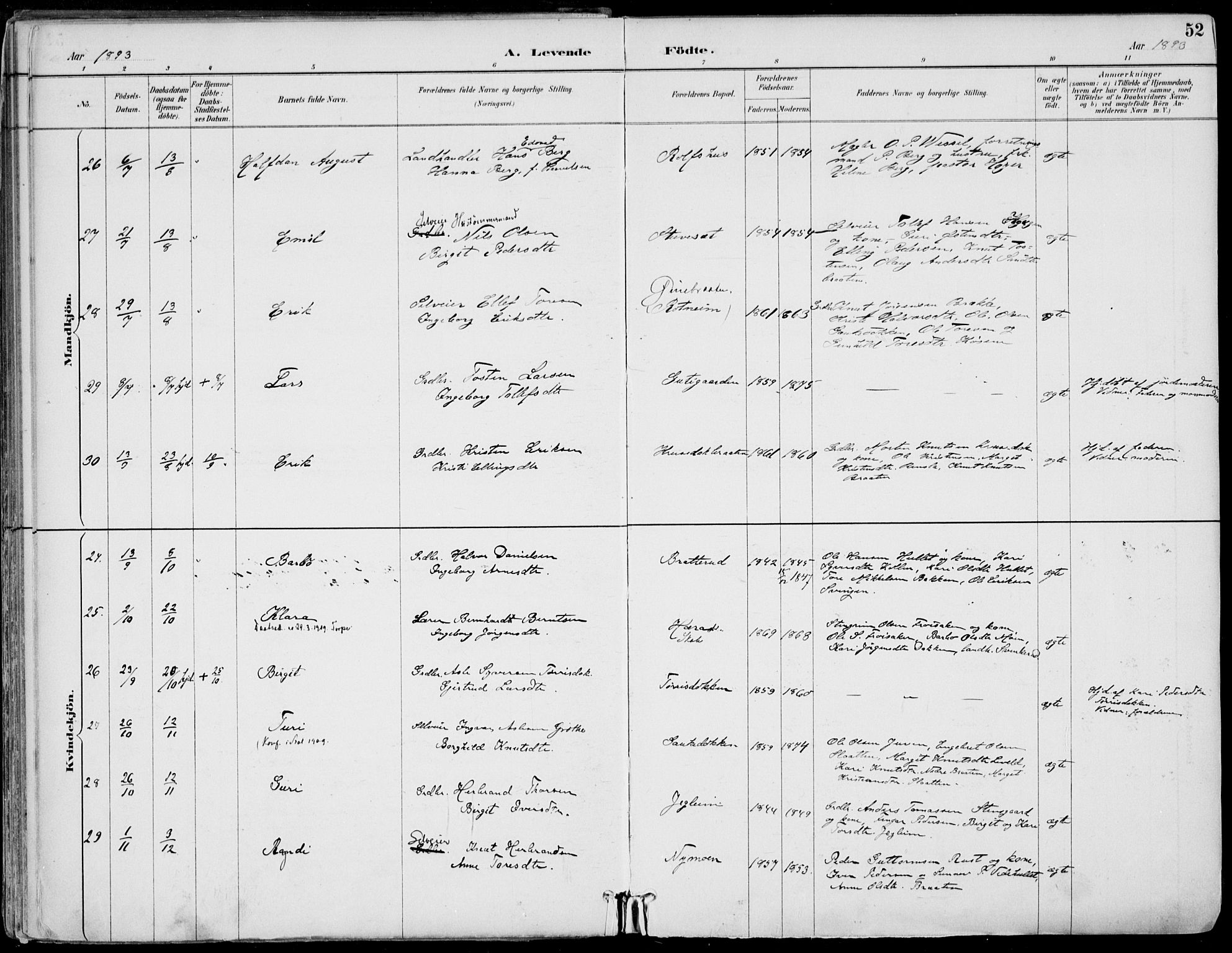 Gol kirkebøker, AV/SAKO-A-226/F/Fa/L0005: Parish register (official) no. I 5, 1887-1900, p. 52