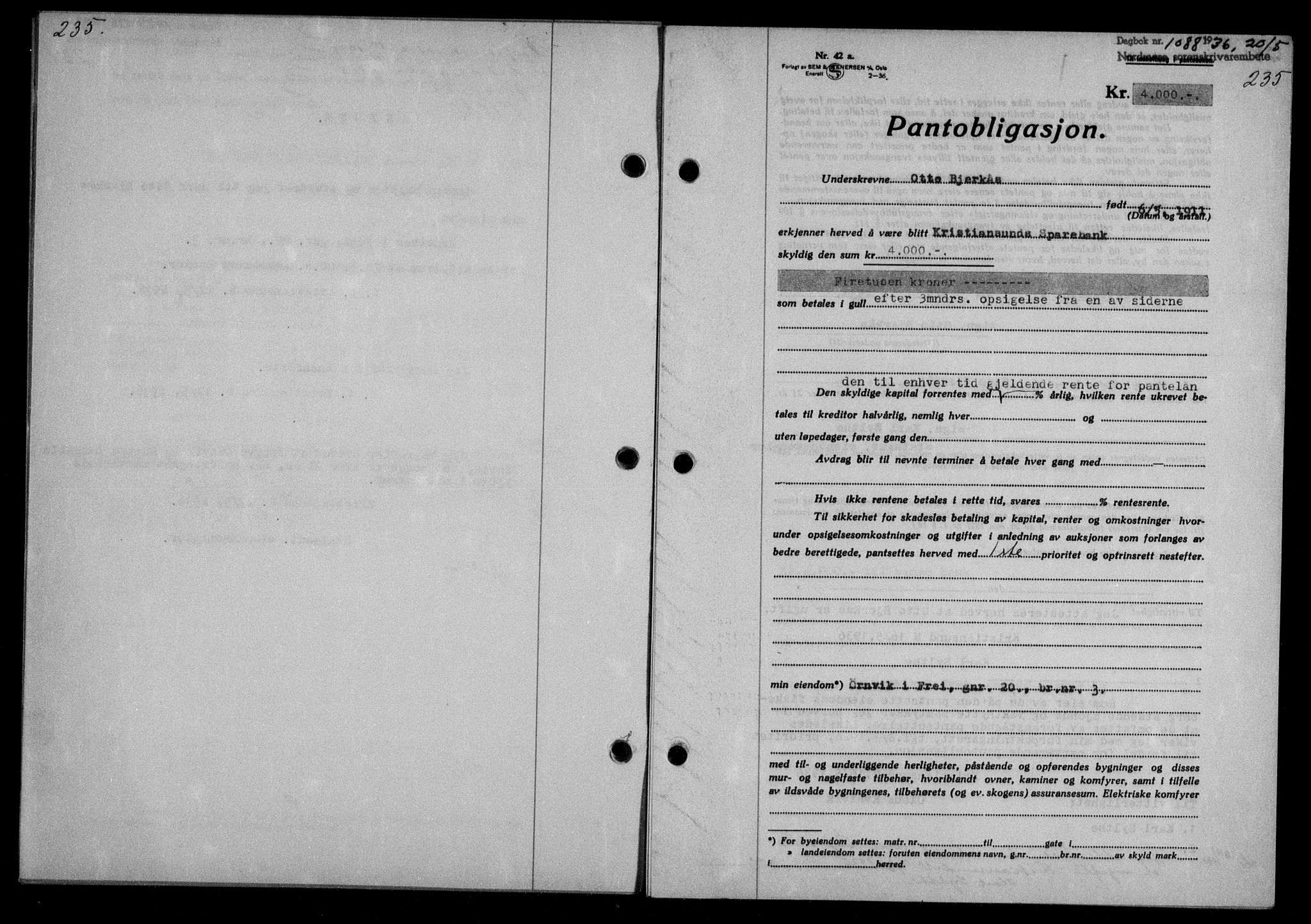 Nordmøre sorenskriveri, AV/SAT-A-4132/1/2/2Ca/L0088: Mortgage book no. 78, 1936-1936, Diary no: : 1088/1936