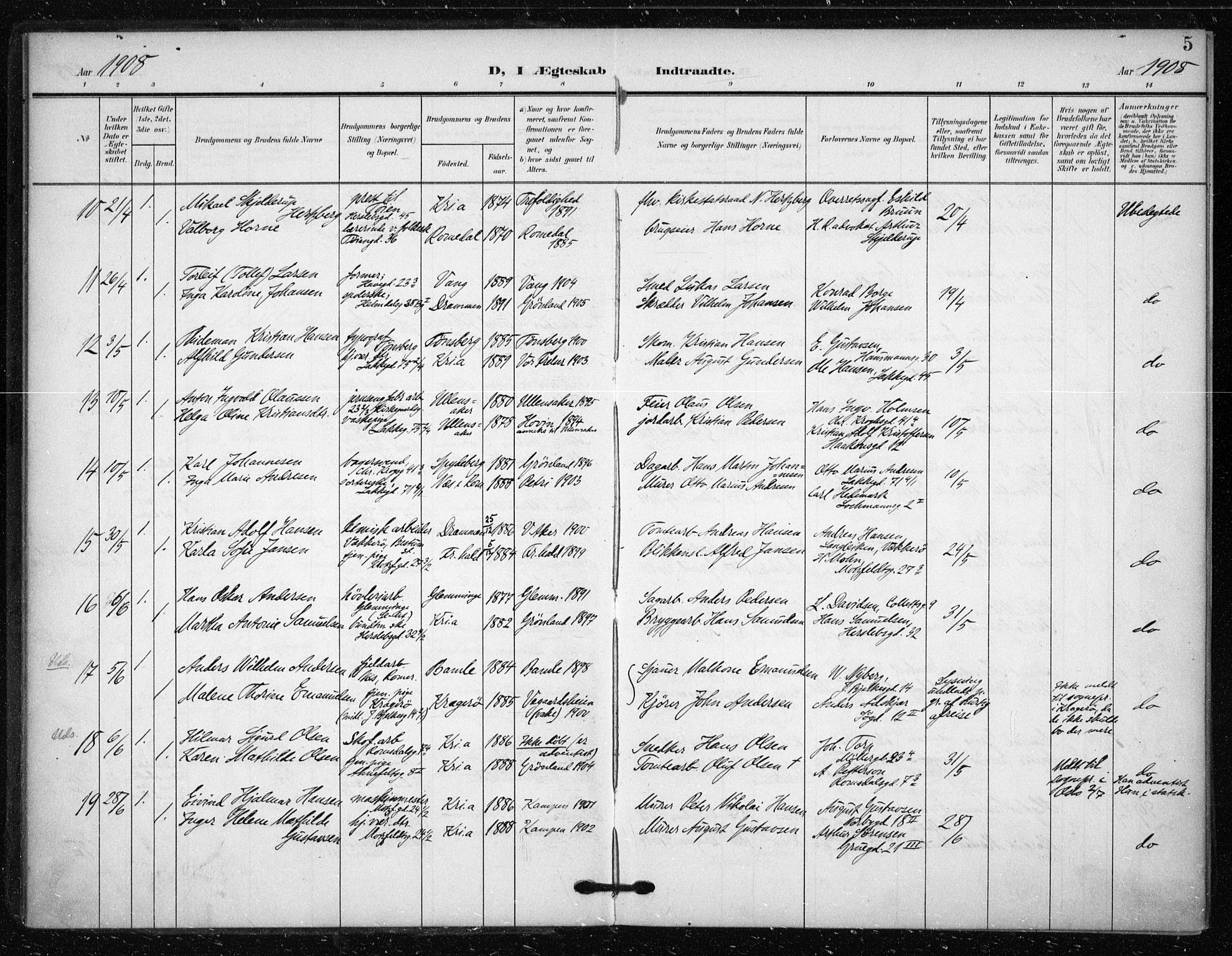 Tøyen prestekontor Kirkebøker, AV/SAO-A-10167a/F/Fa/L0002: Parish register (official) no. I 2, 1907-1916, p. 5