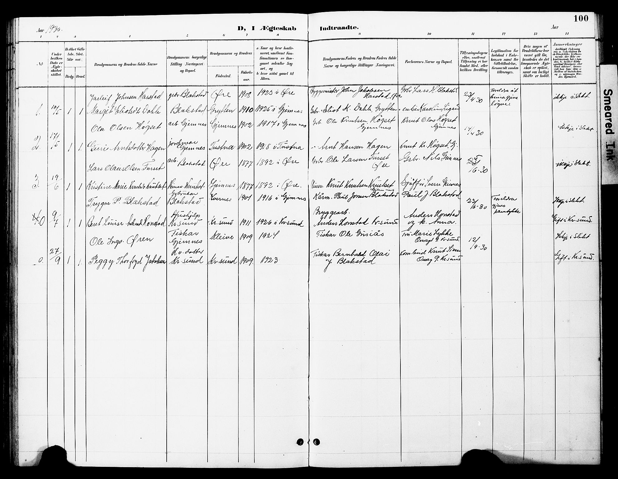 Ministerialprotokoller, klokkerbøker og fødselsregistre - Møre og Romsdal, SAT/A-1454/585/L0973: Parish register (copy) no. 585C01, 1893-1930, p. 100