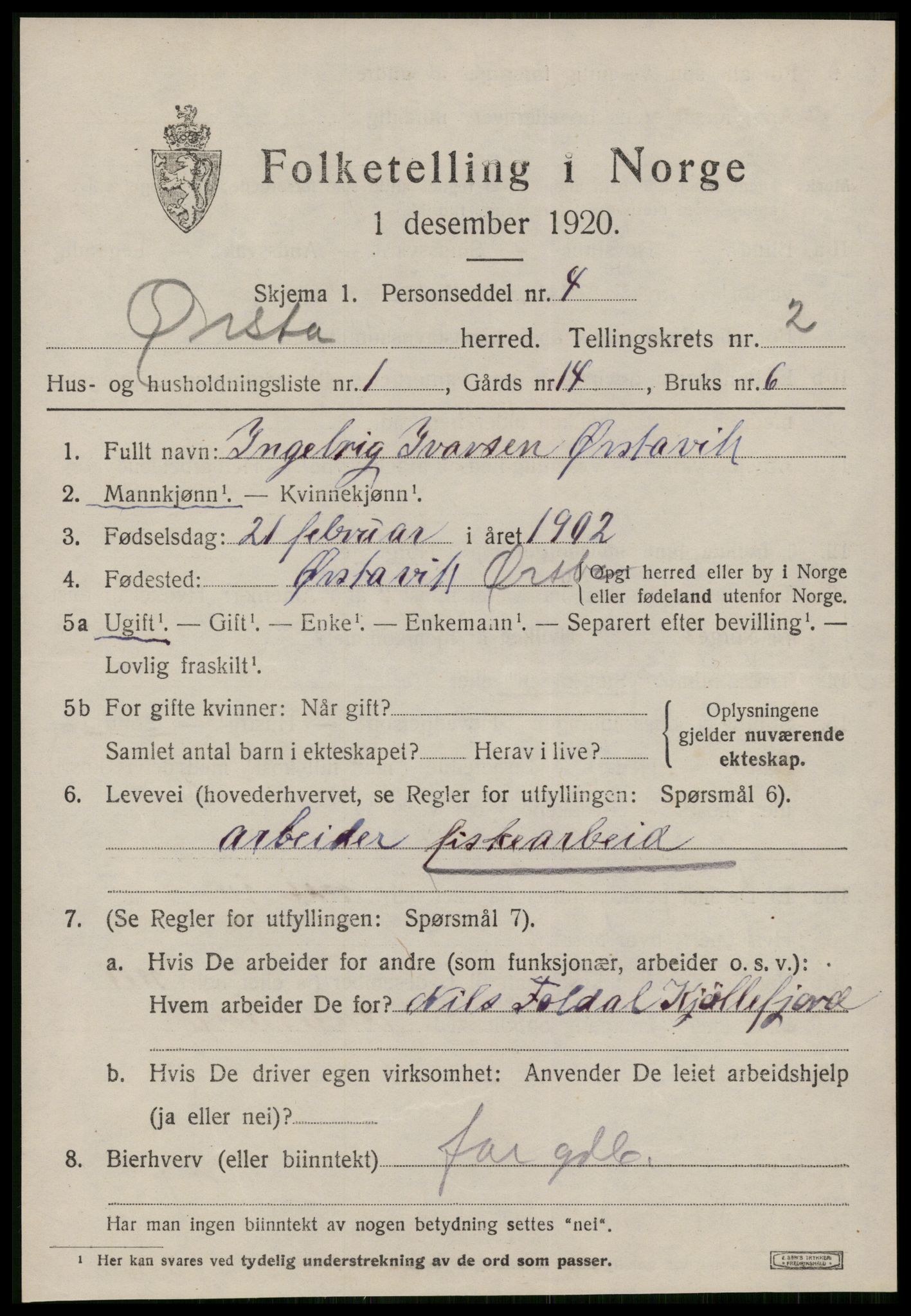 SAT, 1920 census for Ørsta, 1920, p. 1736