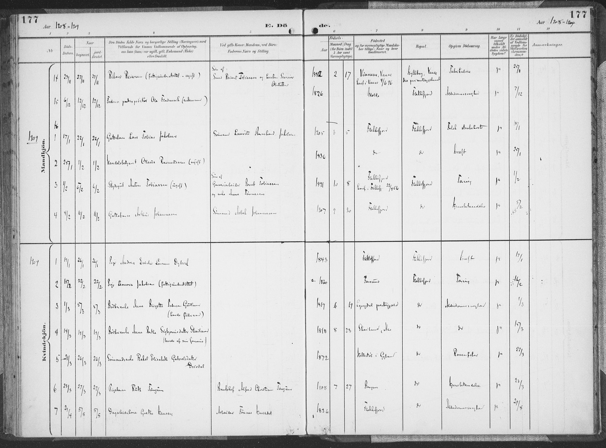 Flekkefjord sokneprestkontor, SAK/1111-0012/F/Fa/Faa/L0002: Parish register (official) no. A 2, 1900-1912, p. 177