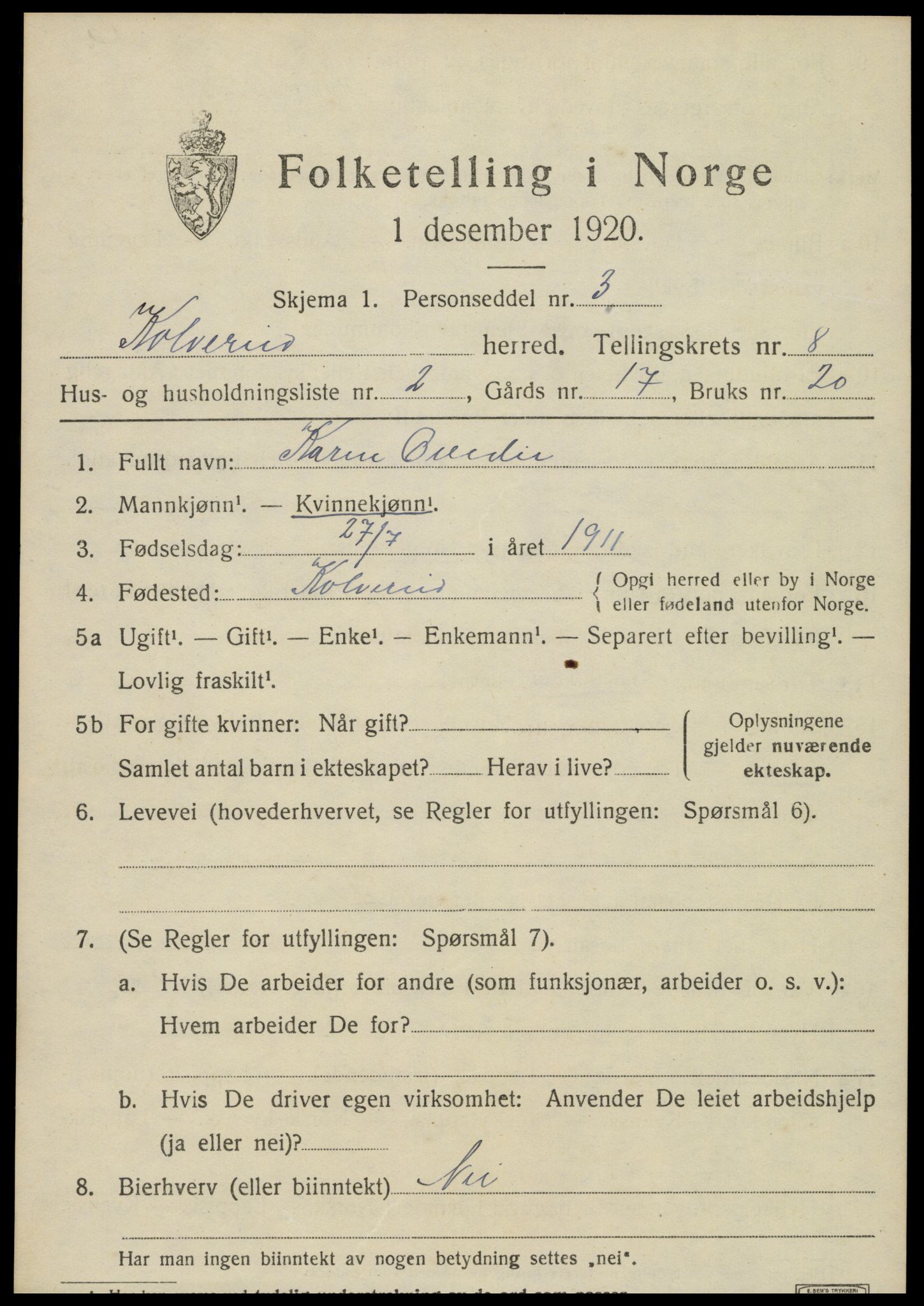 SAT, 1920 census for Kolvereid, 1920, p. 5099
