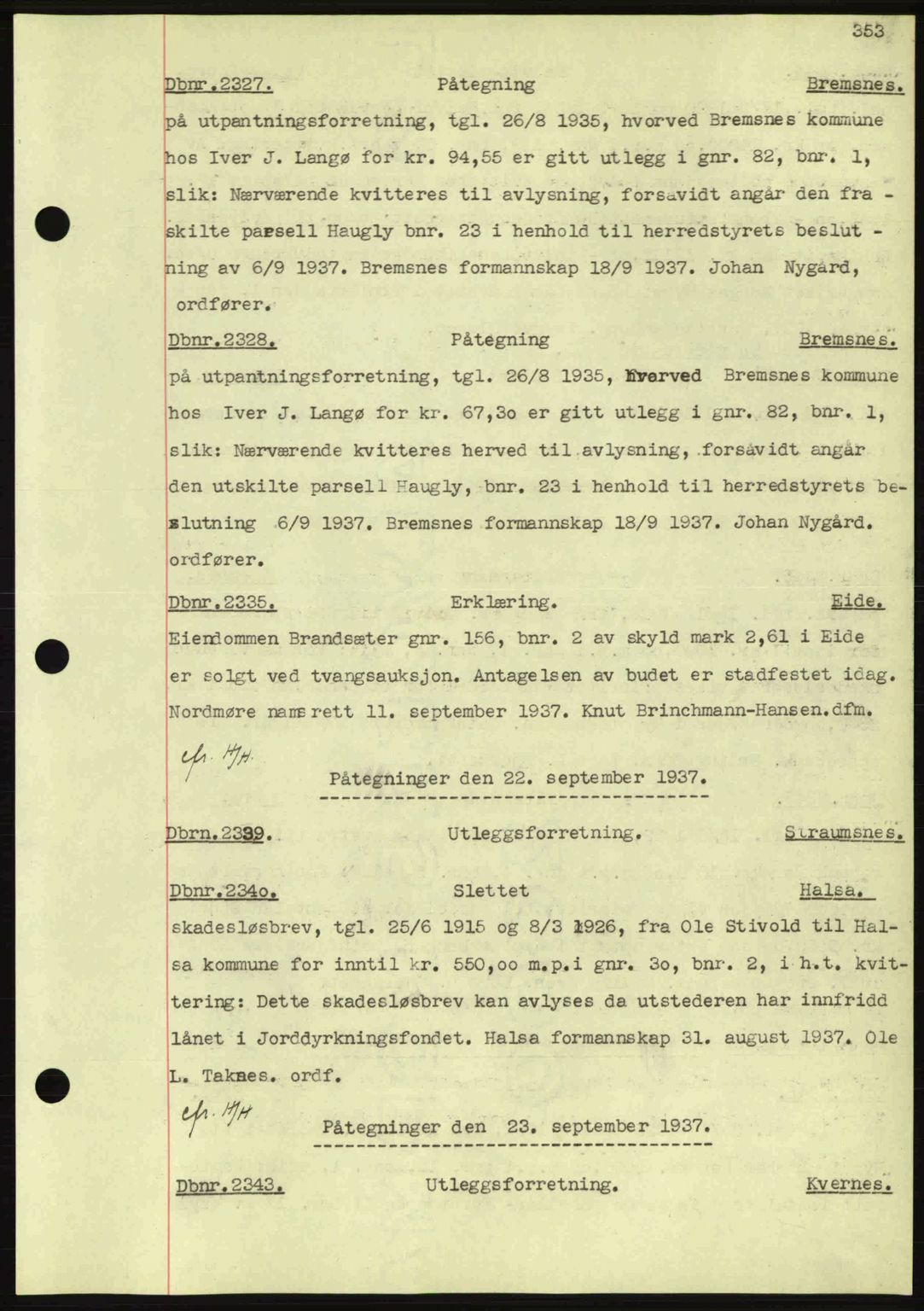 Nordmøre sorenskriveri, AV/SAT-A-4132/1/2/2Ca: Mortgage book no. C80, 1936-1939, Diary no: : 2327/1937