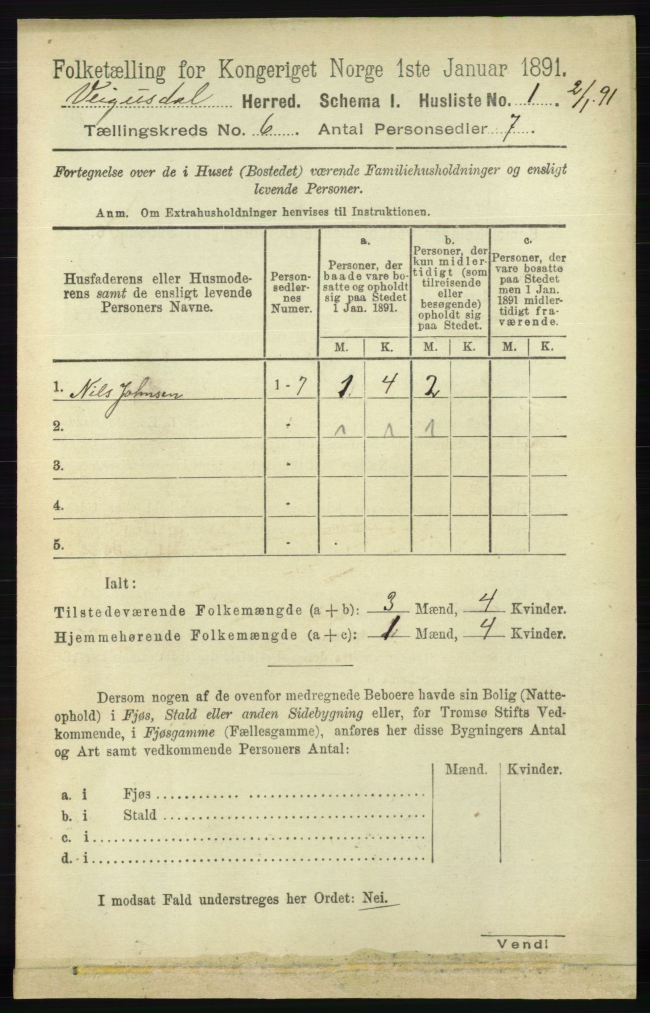 RA, 1891 census for 0934 Vegusdal, 1891, p. 1064