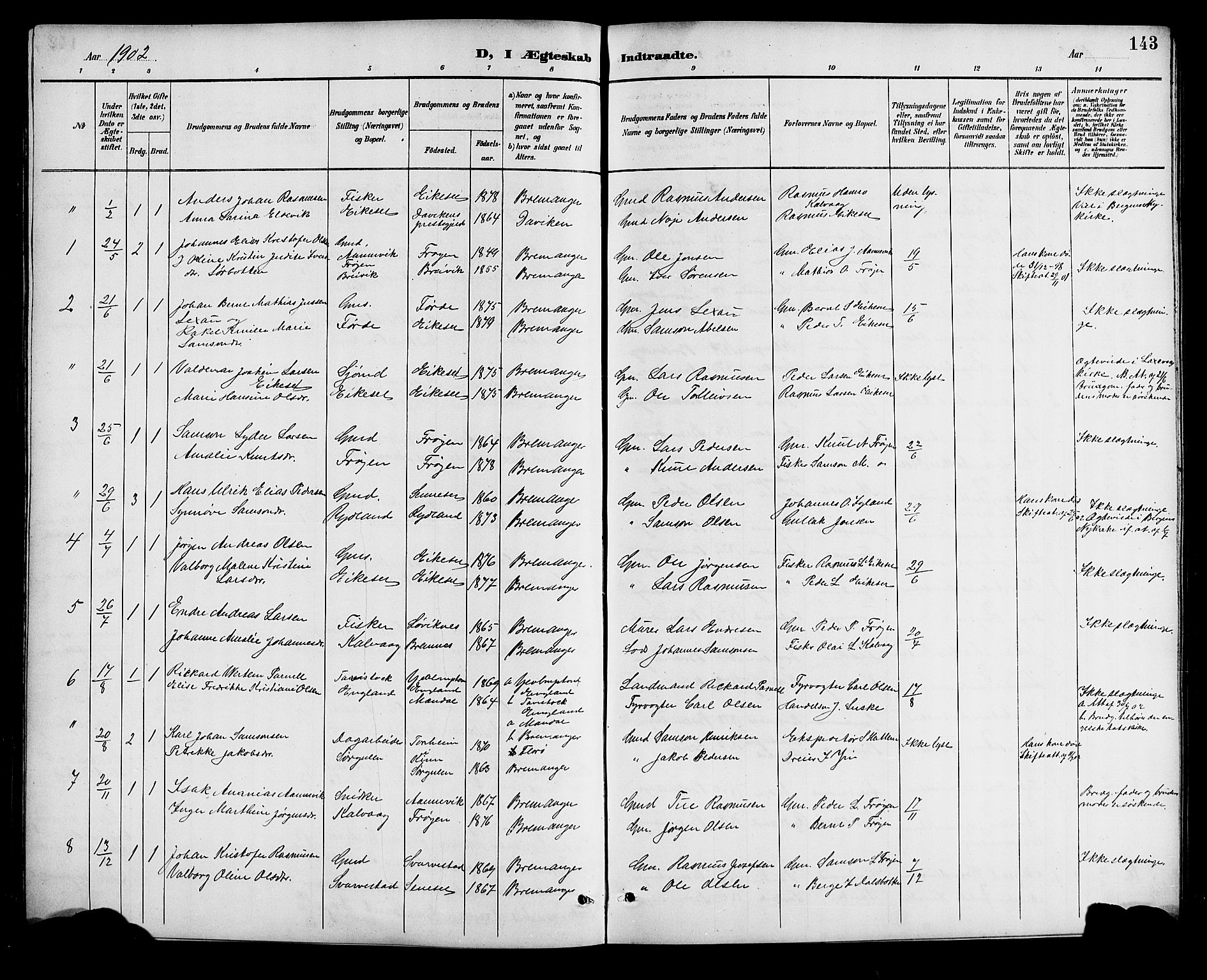 Bremanger sokneprestembete, SAB/A-82201/H/Hab/Haba/L0003: Parish register (copy) no. A 3, 1890-1908, p. 143
