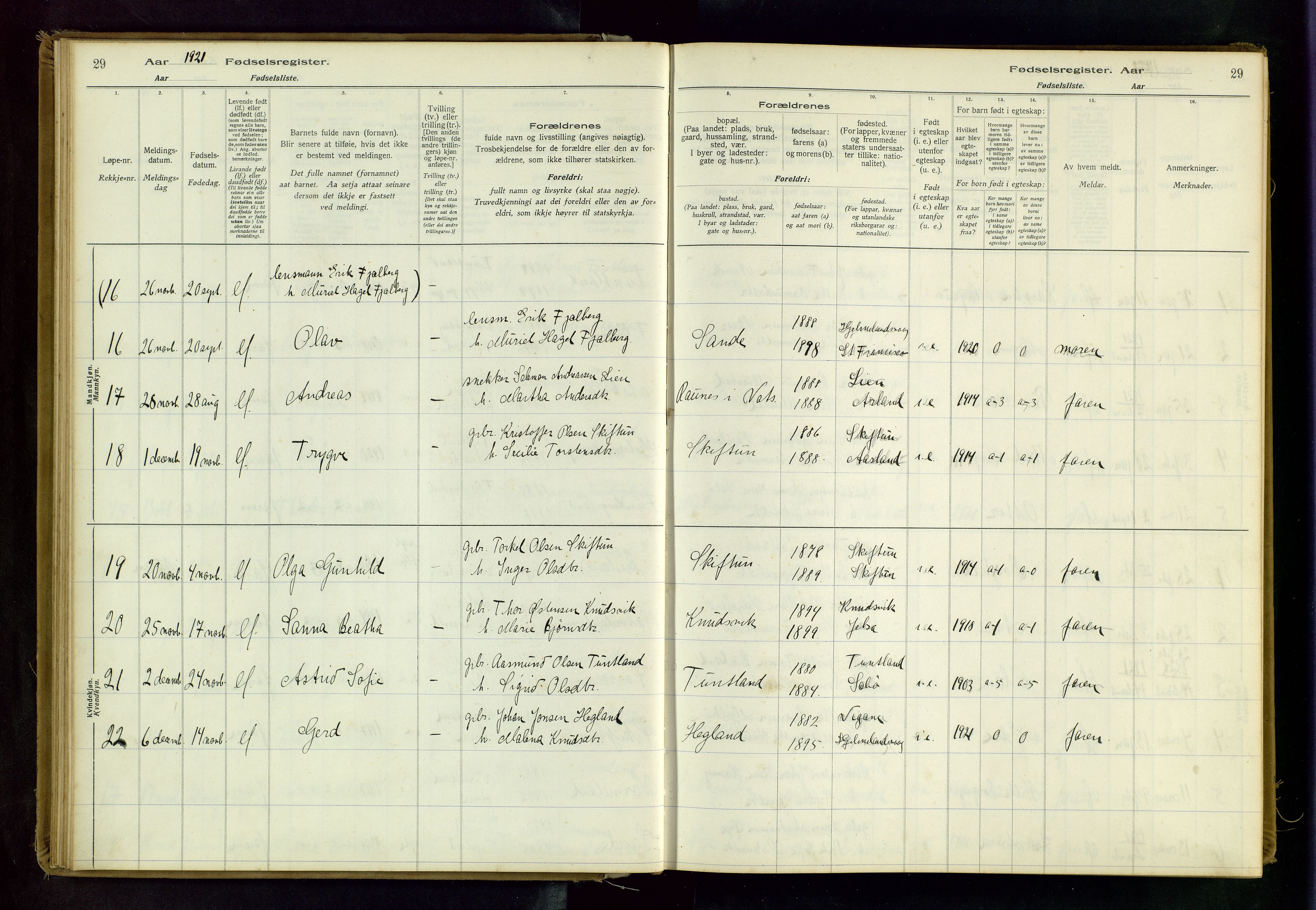 Hjelmeland sokneprestkontor, AV/SAST-A-101843/02/B/L0001: Birth register no. 1, 1916-1963, p. 29