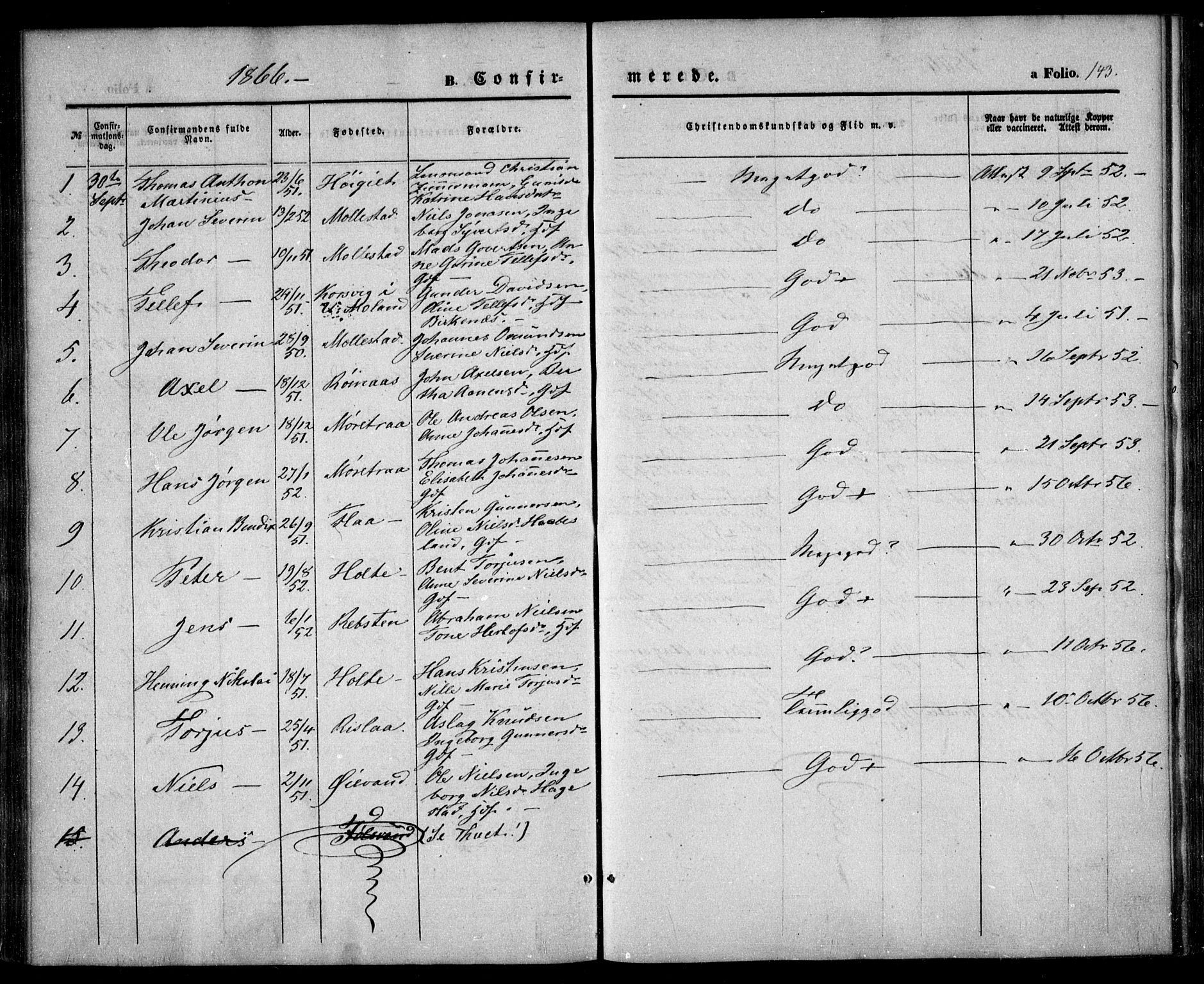 Birkenes sokneprestkontor, AV/SAK-1111-0004/F/Fa/L0003: Parish register (official) no. A 3, 1850-1866, p. 143