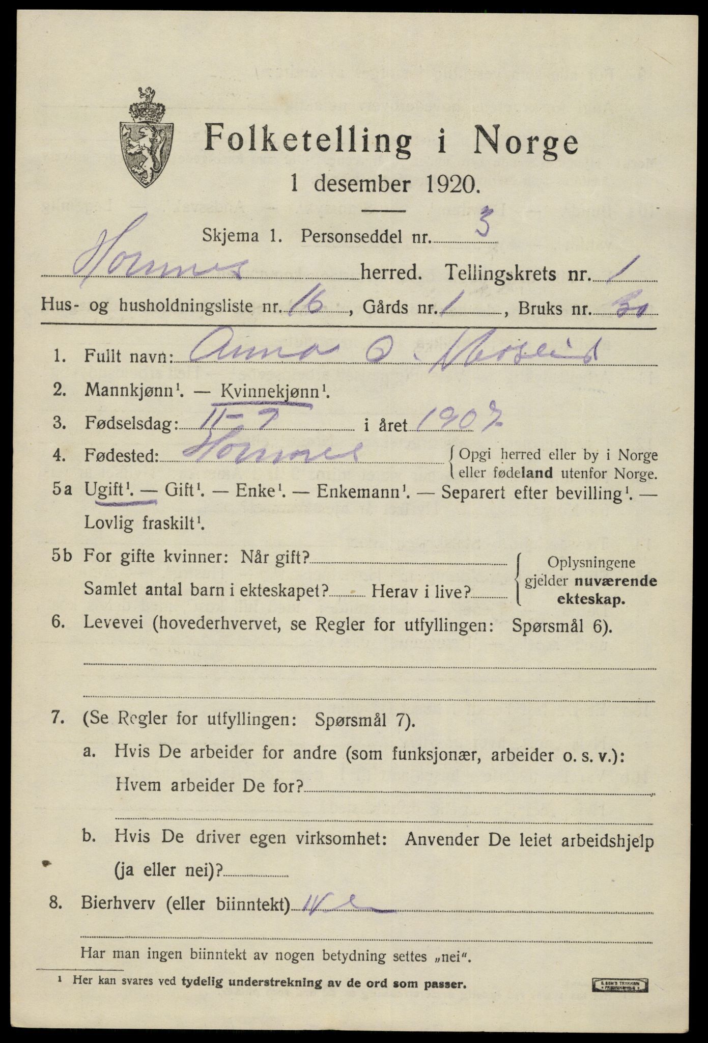 SAK, 1920 census for Hornnes, 1920, p. 691