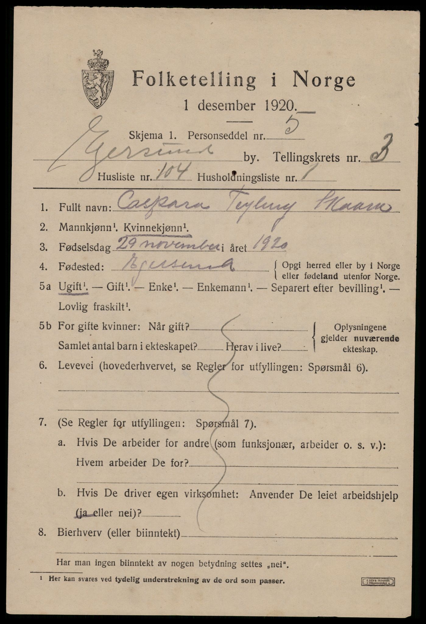 SAST, 1920 census for Egersund town, 1920, p. 6326