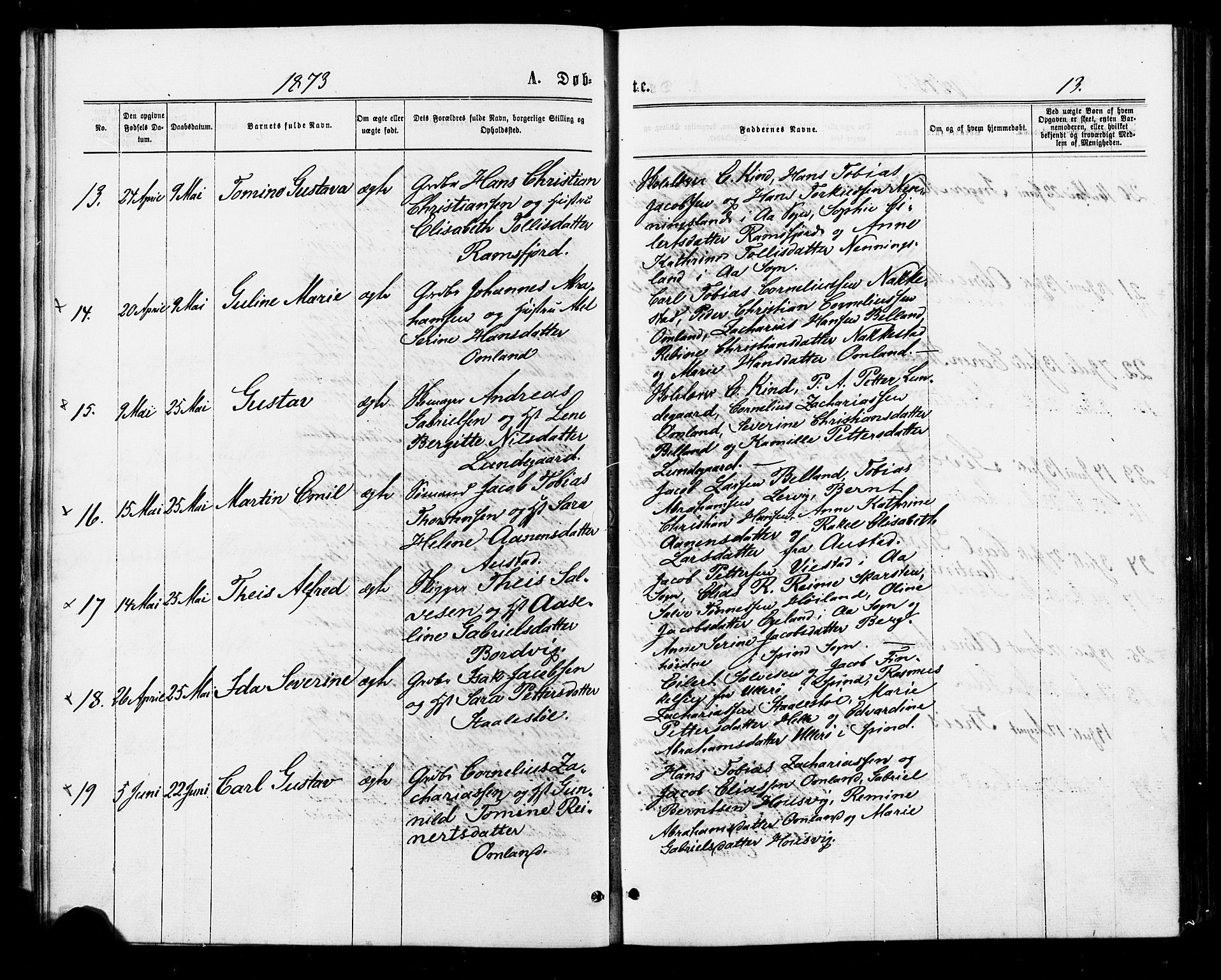 Lyngdal sokneprestkontor, AV/SAK-1111-0029/F/Fa/Faa/L0003: Parish register (official) no. A 3, 1871-1882, p. 13