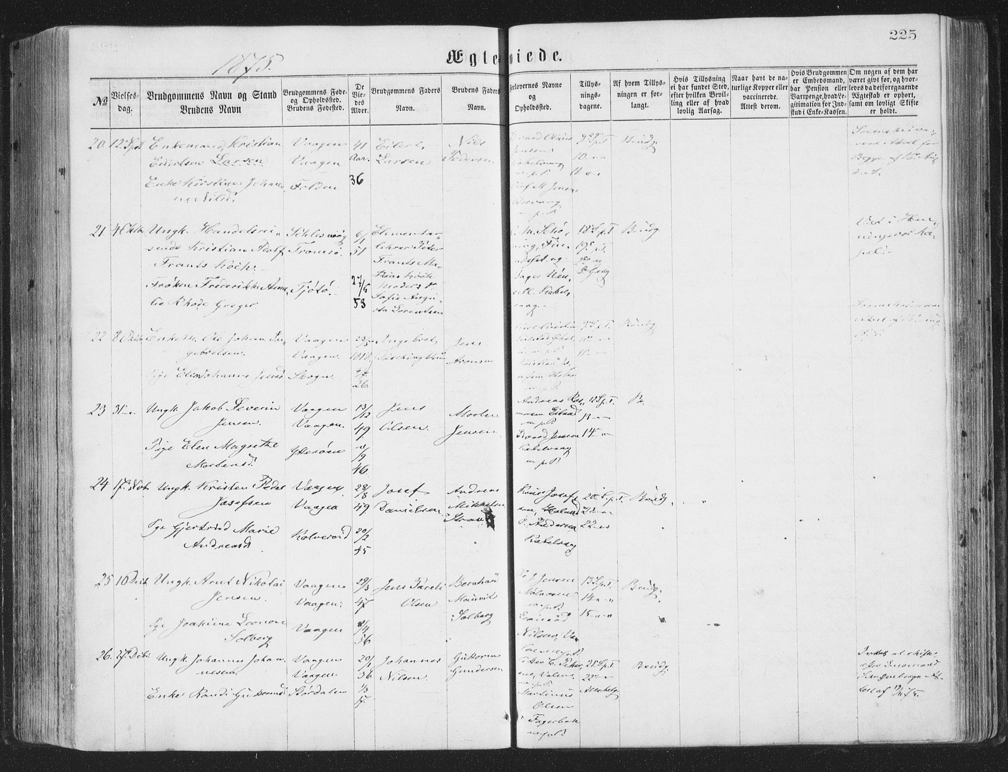 Ministerialprotokoller, klokkerbøker og fødselsregistre - Nordland, AV/SAT-A-1459/874/L1057: Parish register (official) no. 874A01, 1866-1877, p. 225