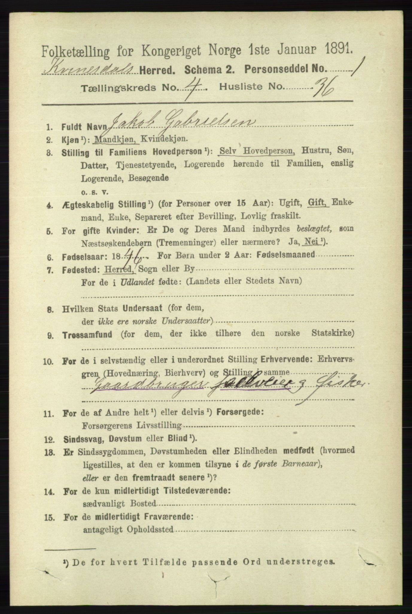 RA, 1891 census for 1037 Kvinesdal, 1891, p. 1616