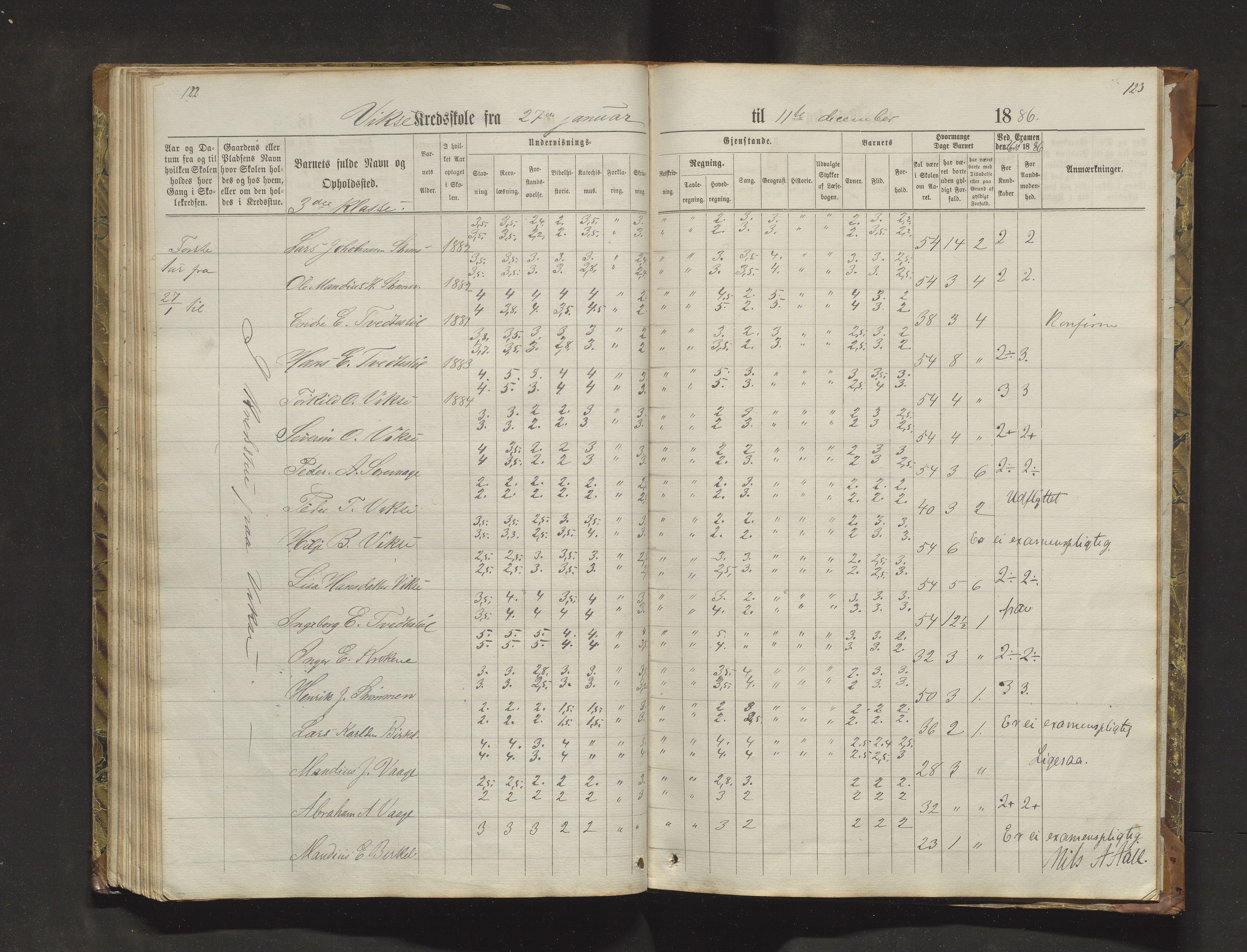 Sveio kommune. Barneskulane, IKAH/1216-231/F/Fa/L0018: Skuleprotokoll for Nordre Våge, Eilerås, Våge og Vikse krinsskular, 1870-1889, p. 122-123