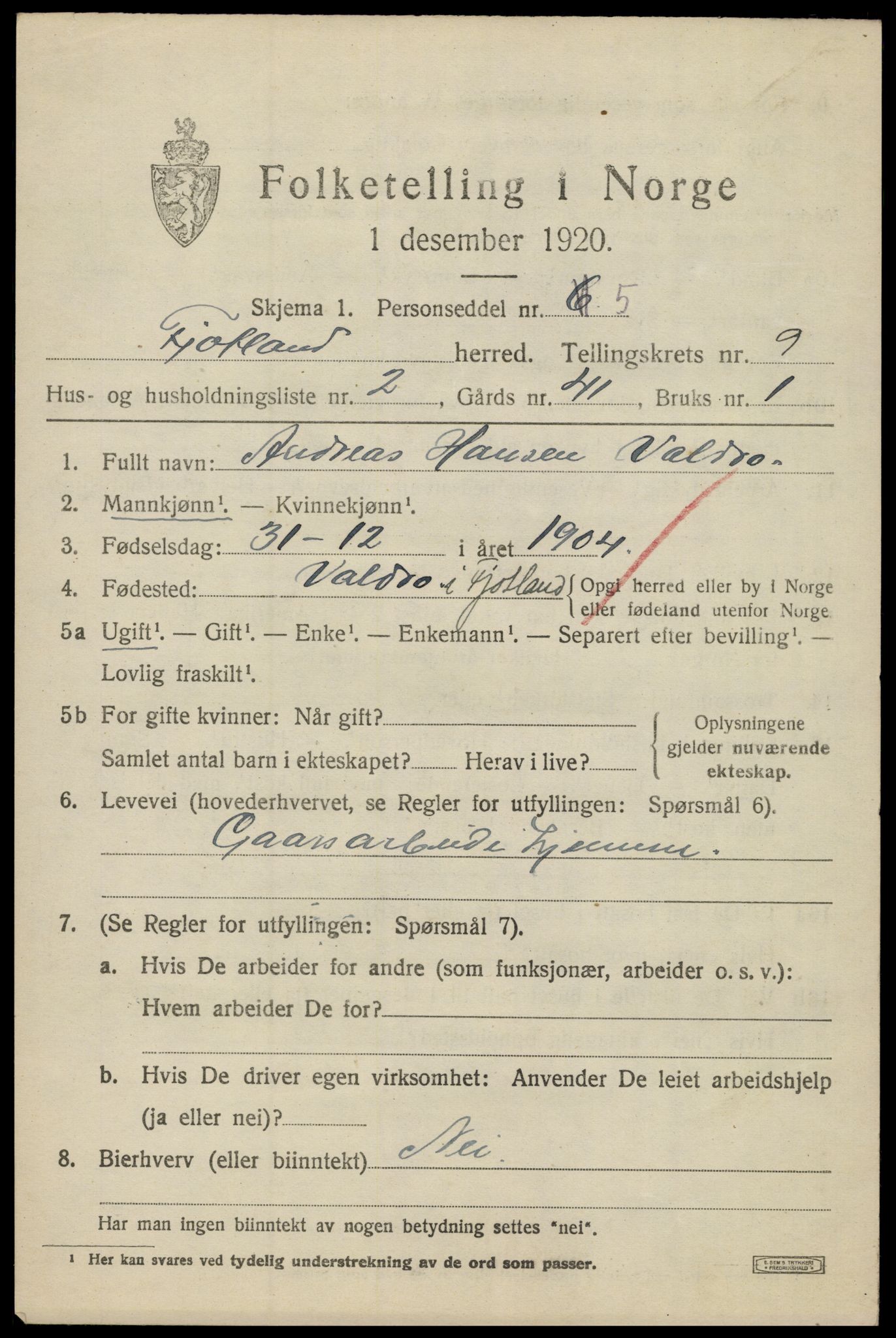 SAK, 1920 census for Fjotland, 1920, p. 2240