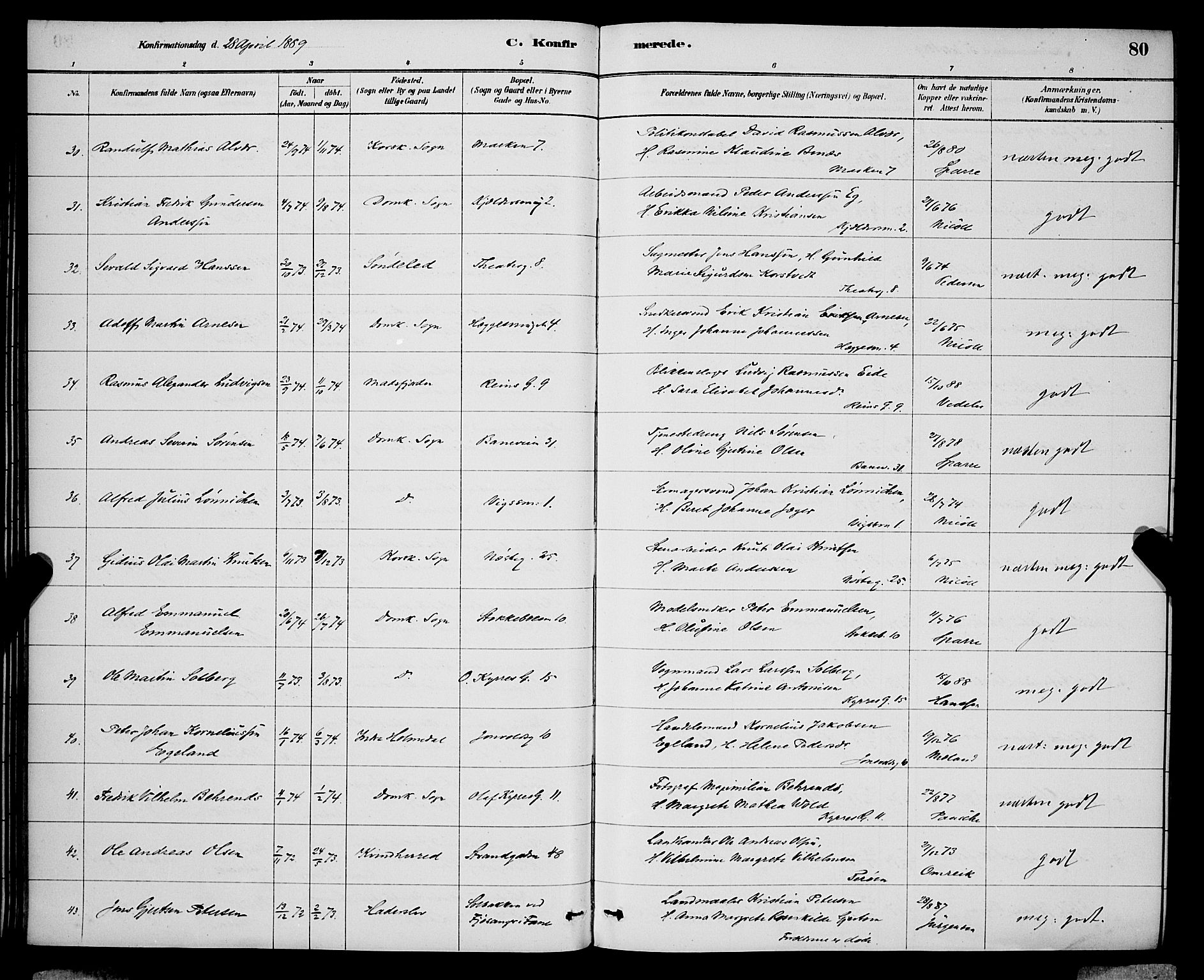 Domkirken sokneprestembete, AV/SAB-A-74801/H/Hab/L0024: Parish register (copy) no. C 4, 1880-1899, p. 80