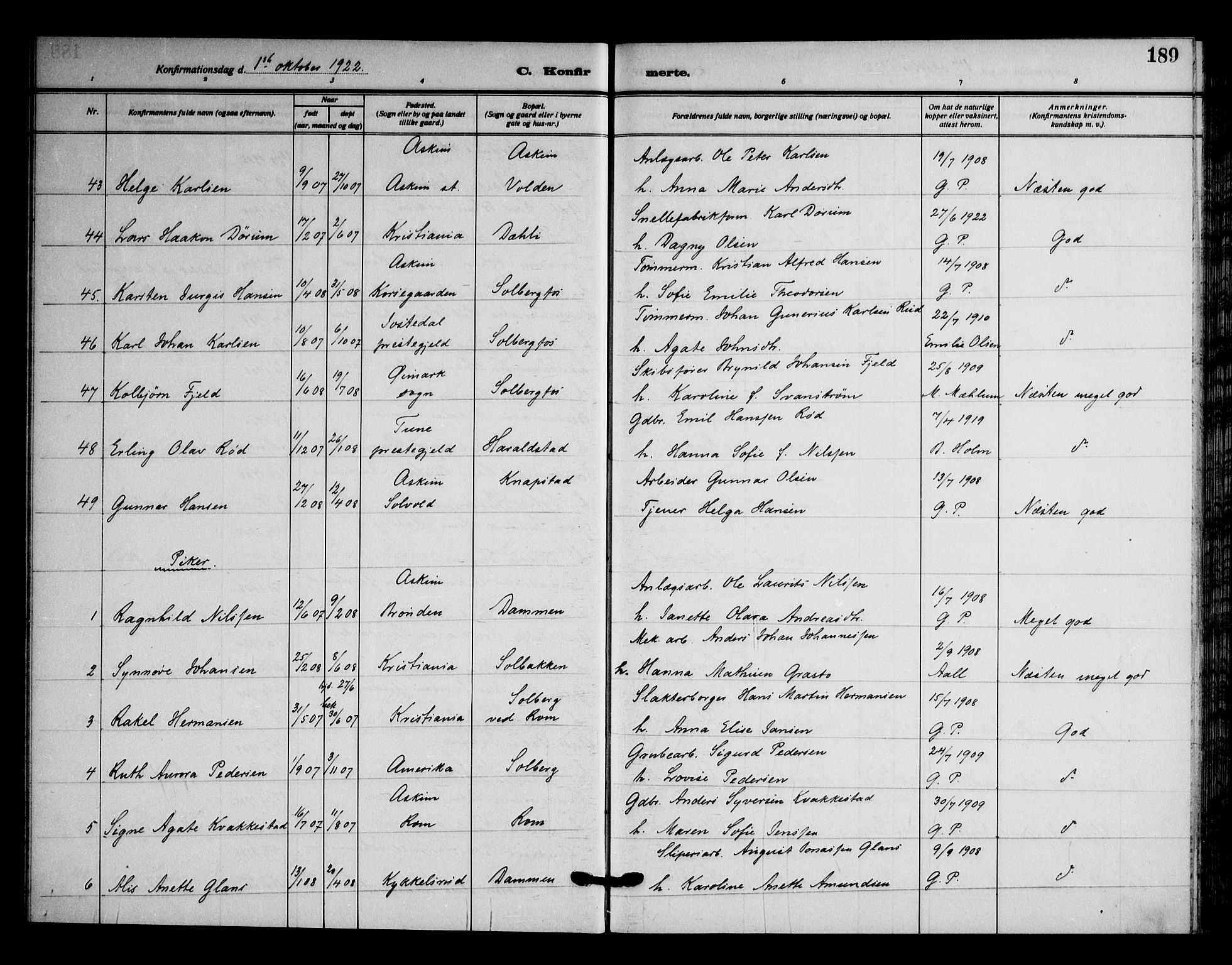 Askim prestekontor Kirkebøker, AV/SAO-A-10900/F/Fa/L0009: Parish register (official) no. 9, 1913-1923, p. 189