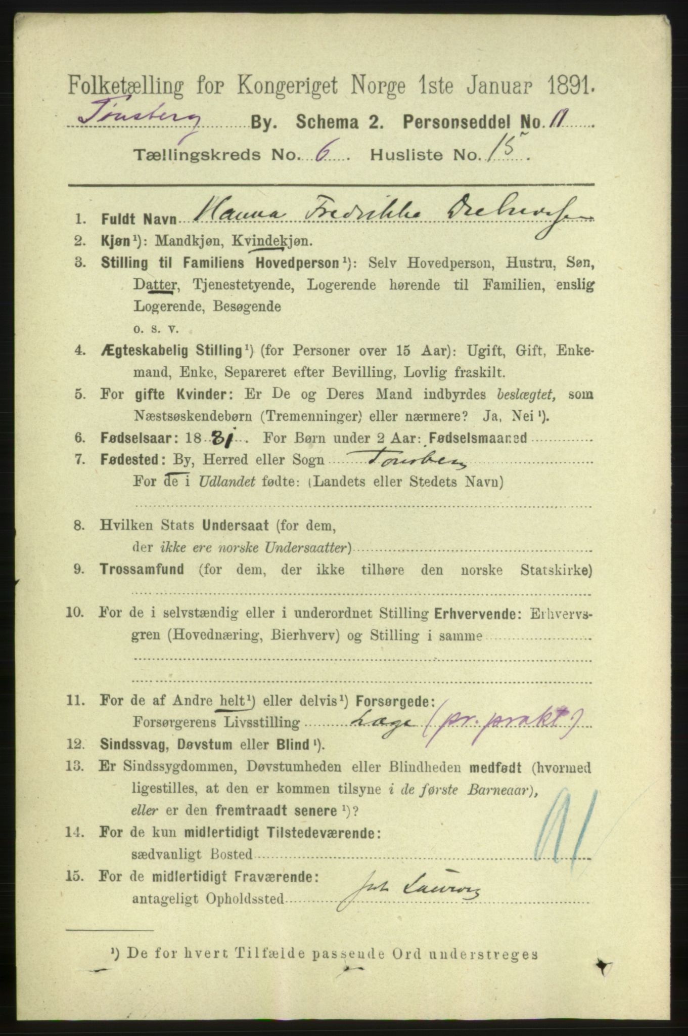 RA, 1891 census for 0705 Tønsberg, 1891, p. 2708