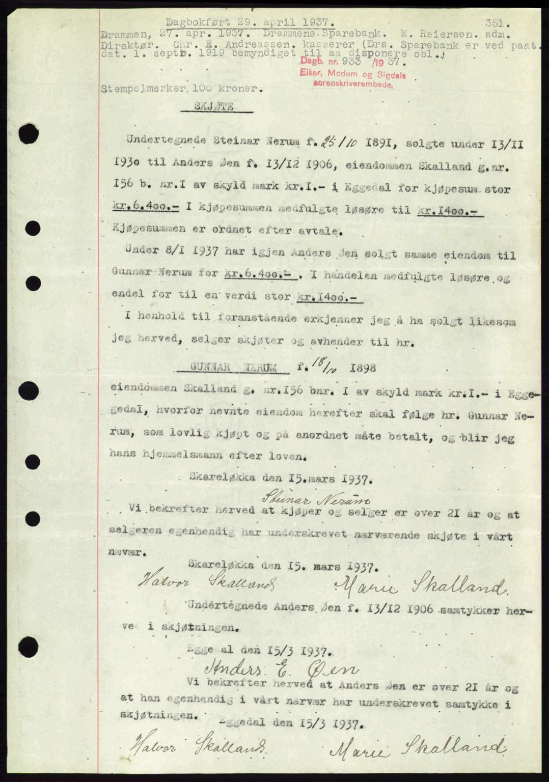 Eiker, Modum og Sigdal sorenskriveri, SAKO/A-123/G/Ga/Gab/L0035: Mortgage book no. A5, 1937-1937, Diary no: : 933/1937
