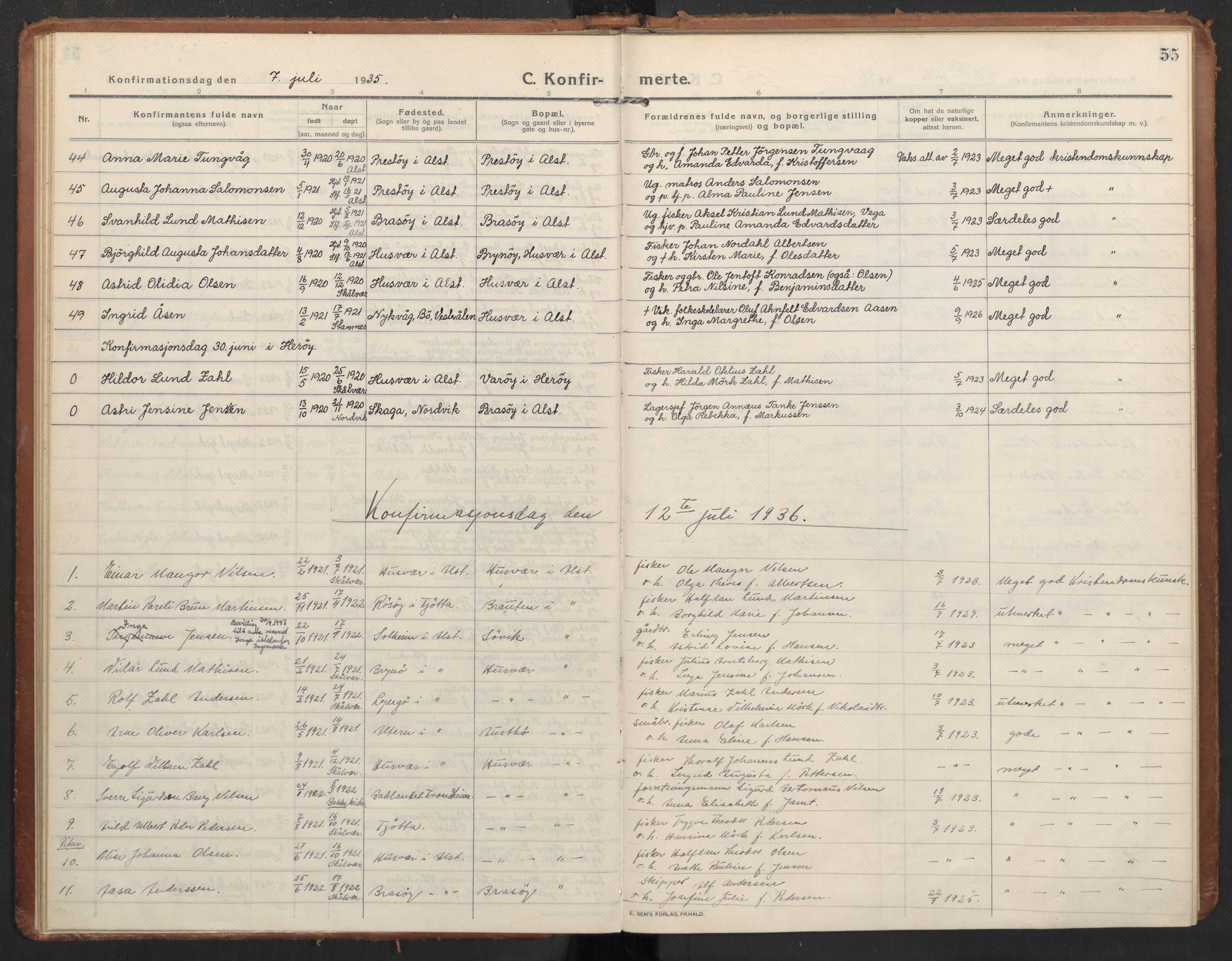 Ministerialprotokoller, klokkerbøker og fødselsregistre - Nordland, AV/SAT-A-1459/830/L0456: Parish register (official) no. 830A20, 1914-1937, p. 55