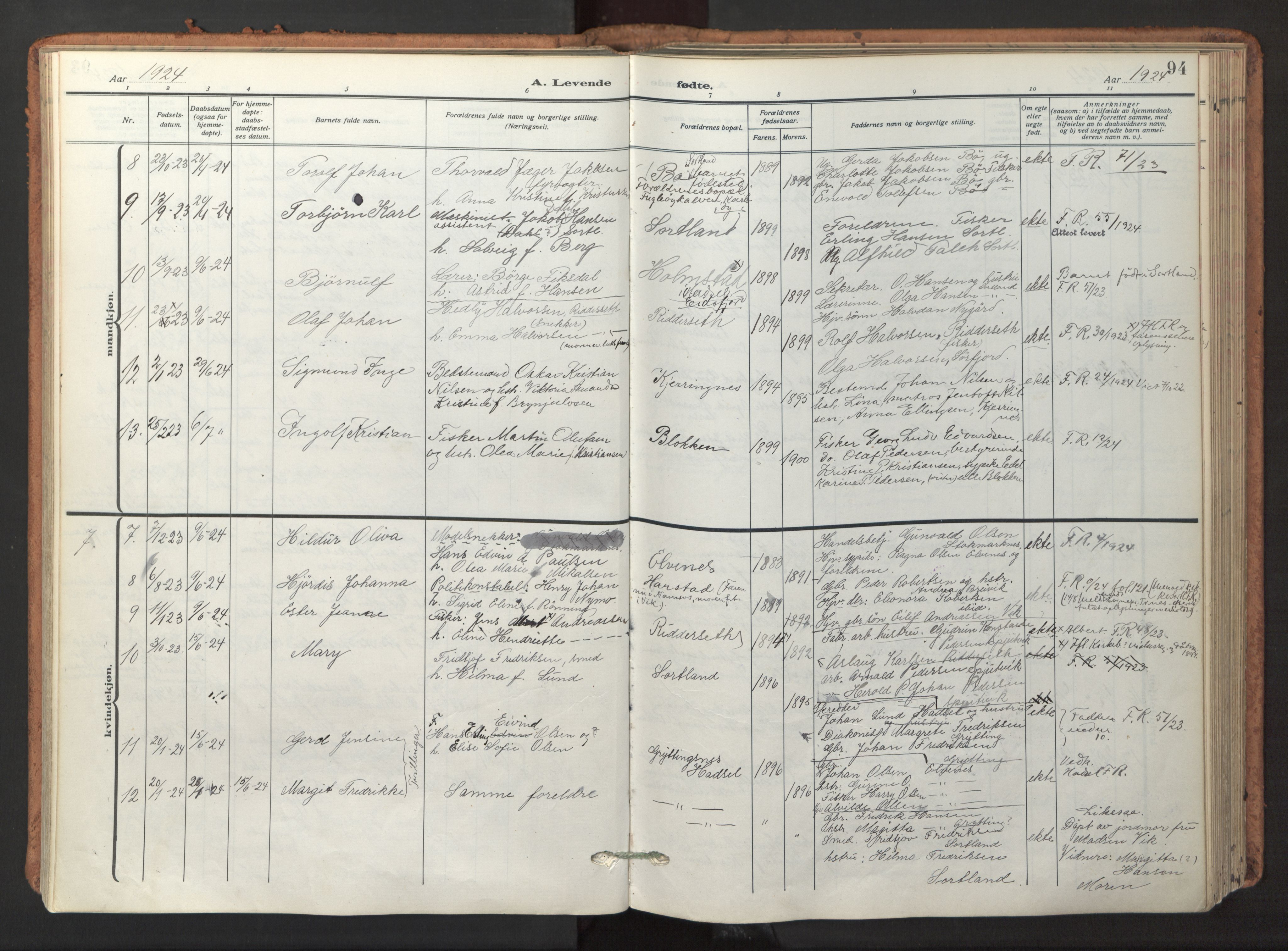 Ministerialprotokoller, klokkerbøker og fødselsregistre - Nordland, AV/SAT-A-1459/895/L1374: Parish register (official) no. 895A09, 1915-1925, p. 94