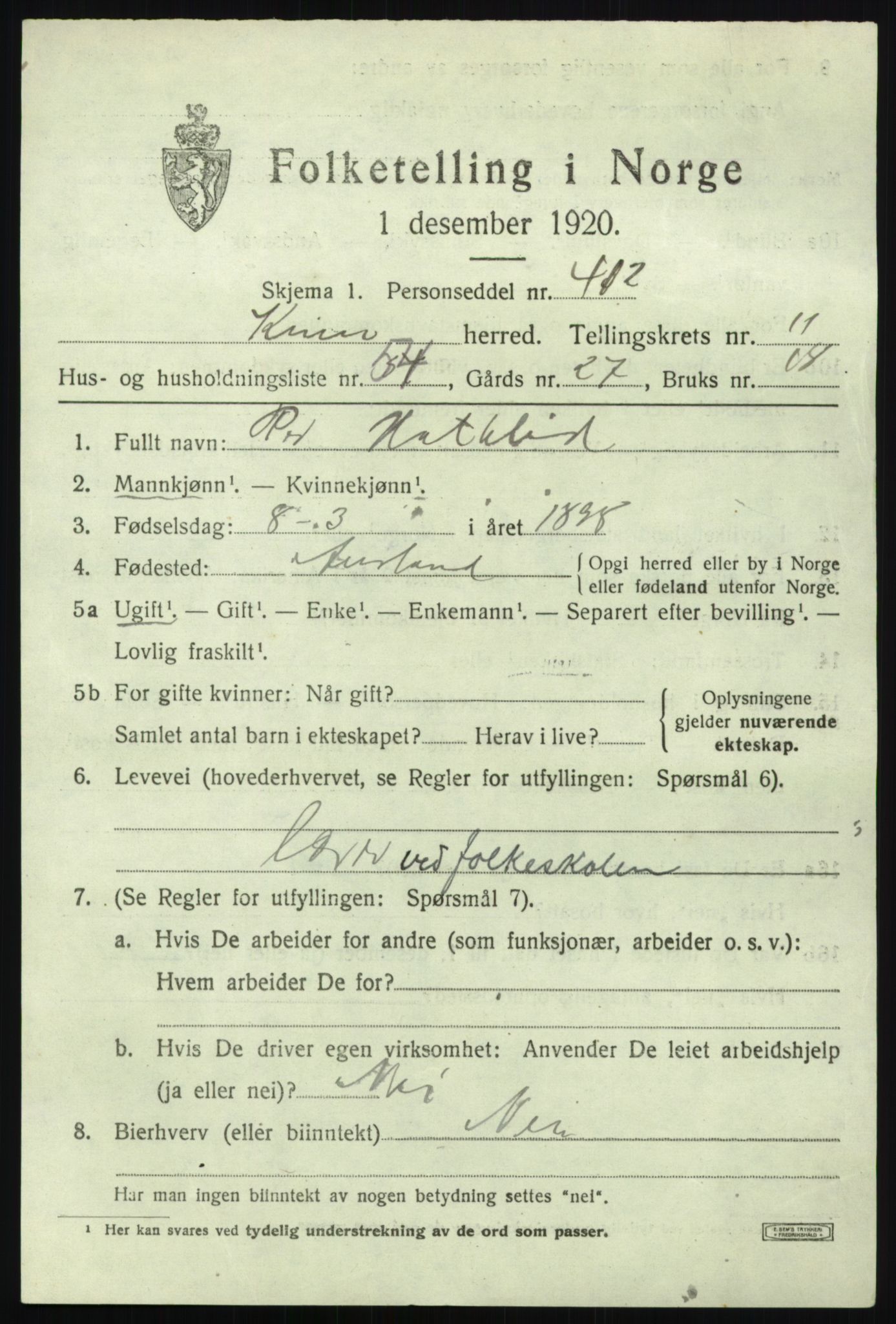 SAB, 1920 census for Kinn, 1920, p. 4497