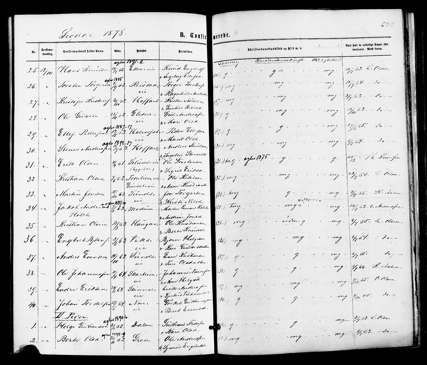 Sigdal kirkebøker, AV/SAKO-A-245/F/Fa/L0010: Parish register (official) no. I 10 /1, 1872-1878, p. 232