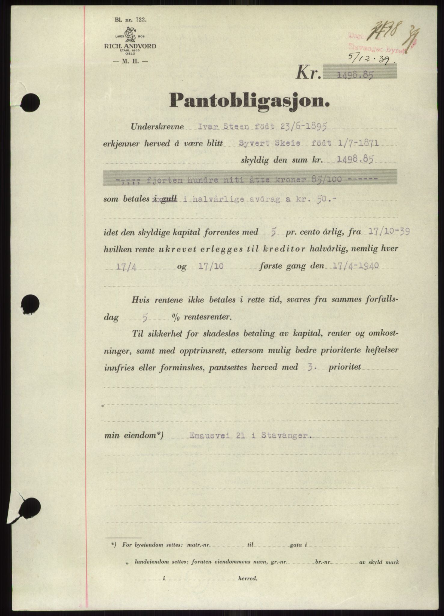 Stavanger byrett, AV/SAST-A-100455/002/G/Gb/L0033: Mortgage book, 1936-1950, Diary no: : 3498/1939