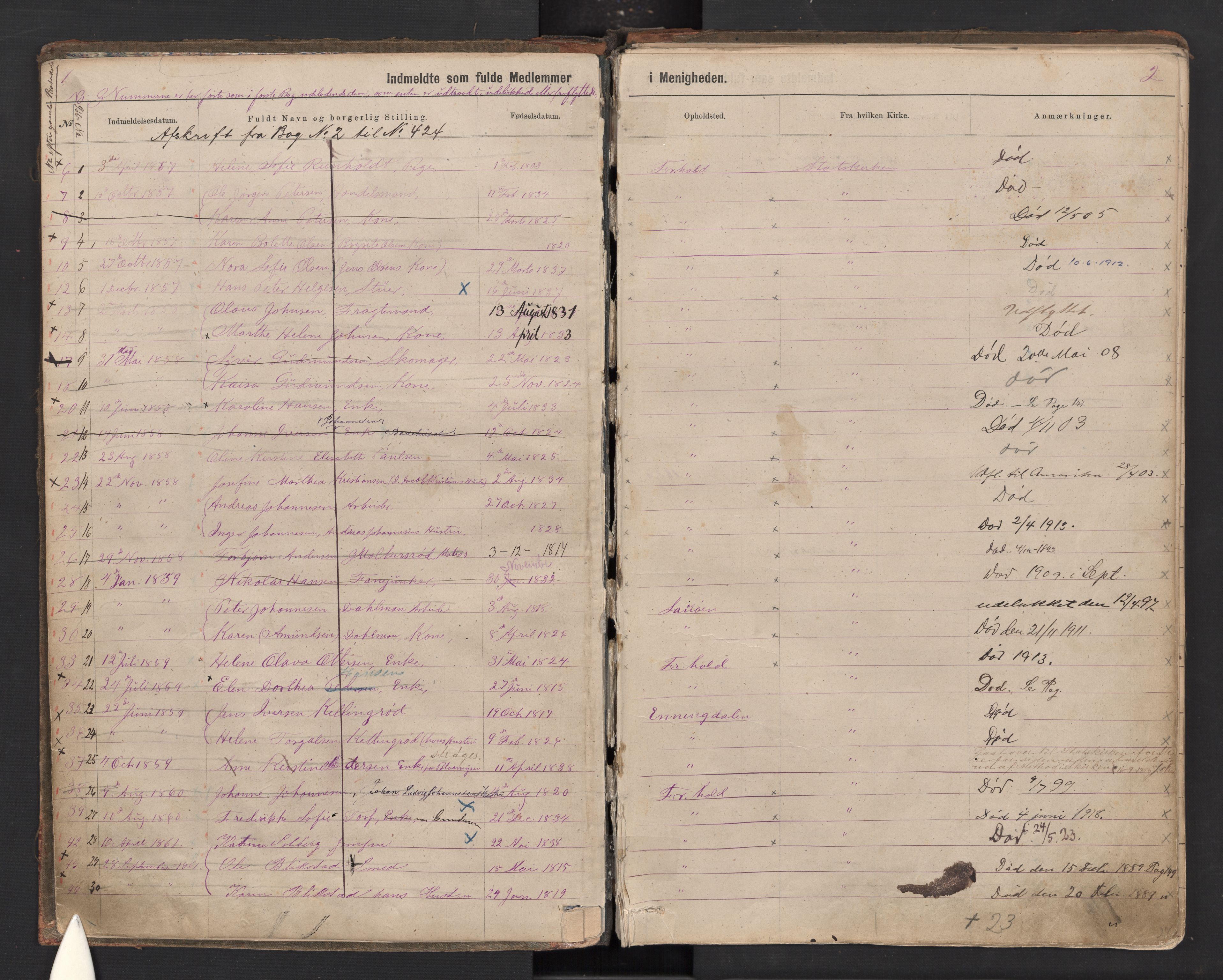 Halden metodistkirke - menighetsprotokoller, SAO/PAO-0266/F/L0003: Dissenter register no. 3, 1874-1892, p. 1-2