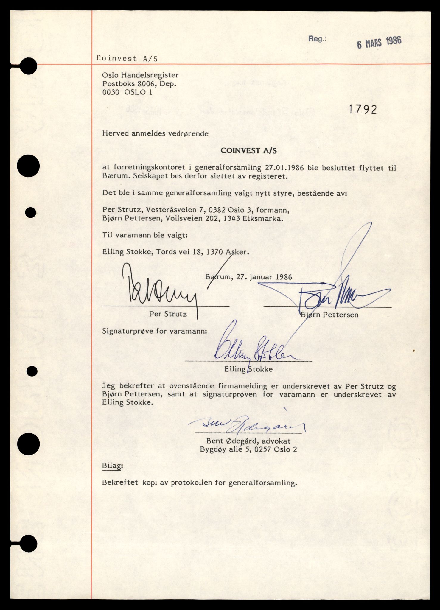 Oslo byfogd, Handelsregisteret, AV/SAT-A-10867/G/Gb/Gbb/L0084: Registreringsmeldinger, Co-Fi, 1986, p. 1