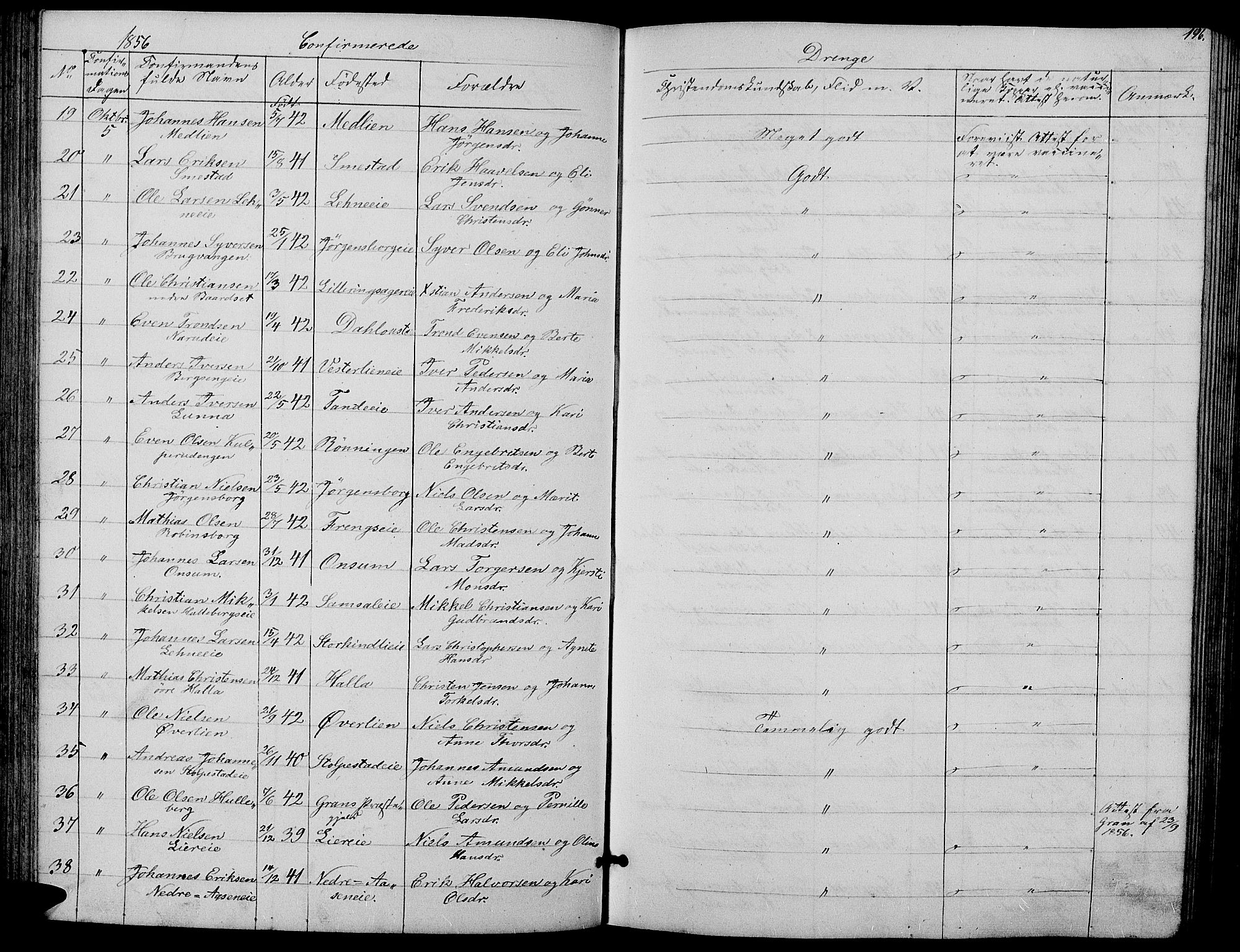 Ringsaker prestekontor, SAH/PREST-014/L/La/L0006: Parish register (copy) no. 6, 1851-1860, p. 196