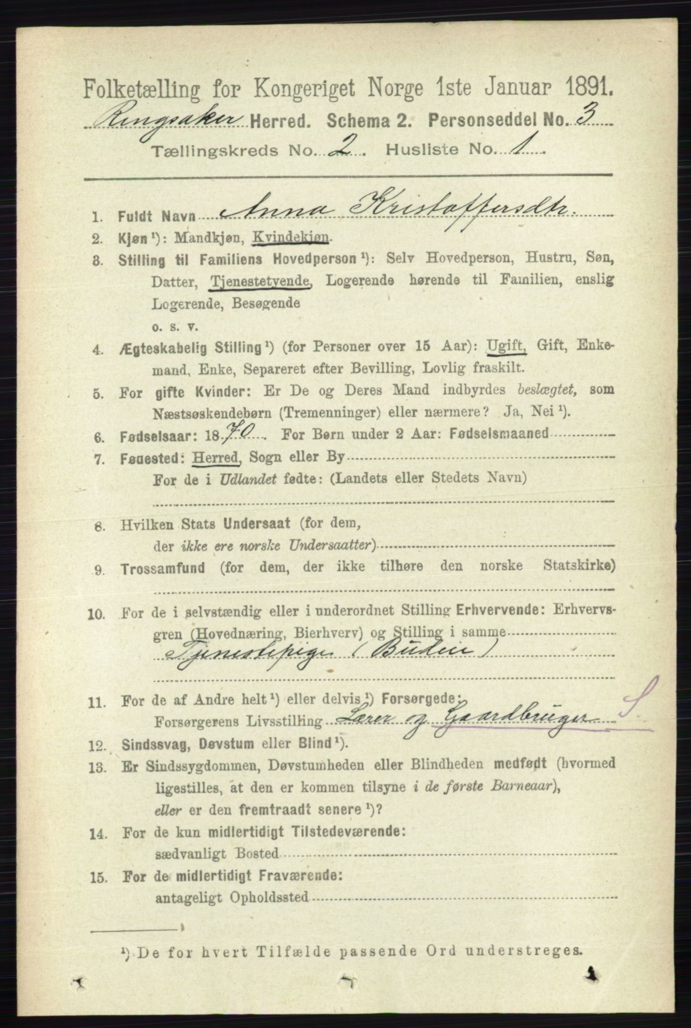 RA, 1891 census for 0412 Ringsaker, 1891, p. 821