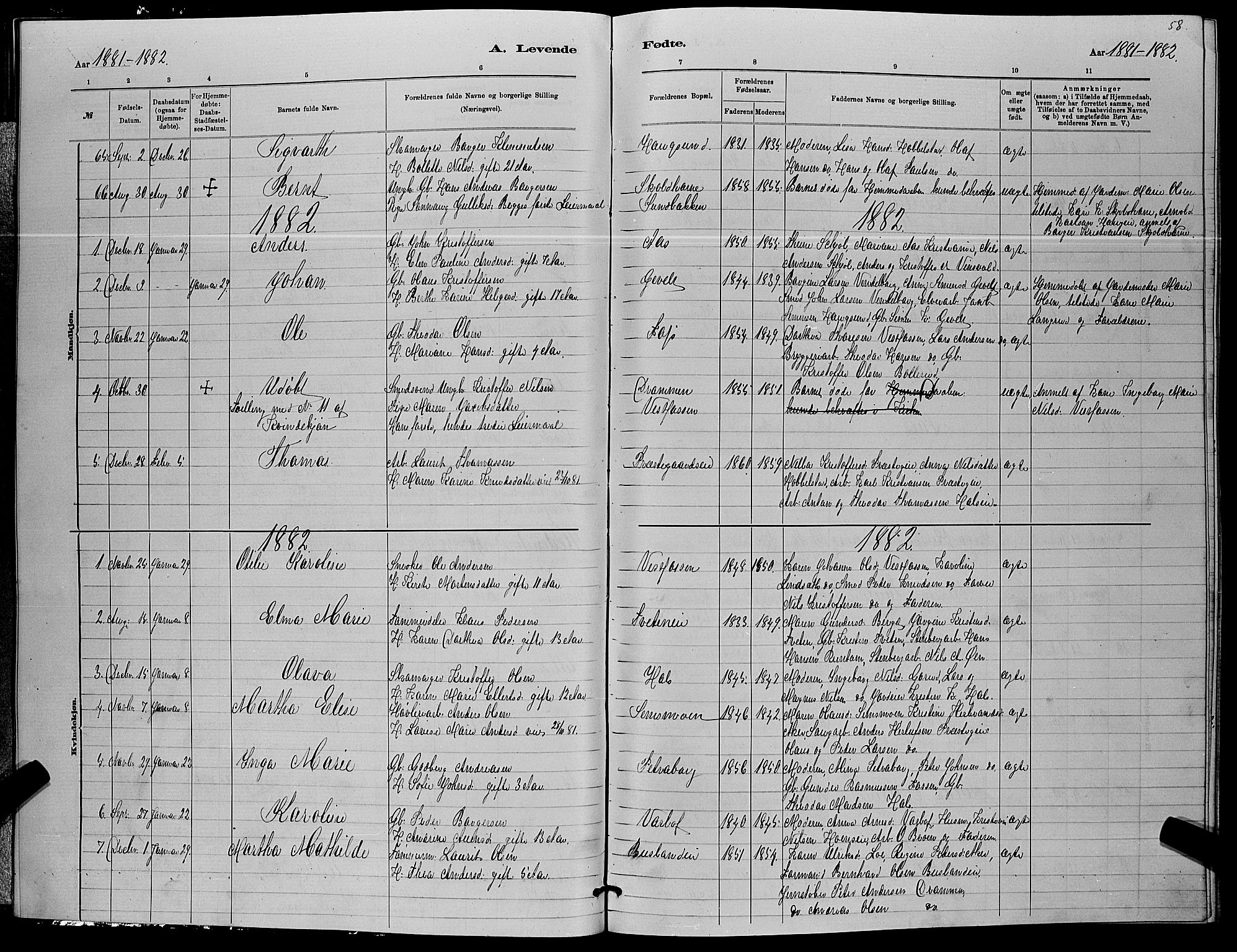 Eiker kirkebøker, SAKO/A-4/G/Ga/L0005: Parish register (copy) no. I 5, 1878-1887, p. 58