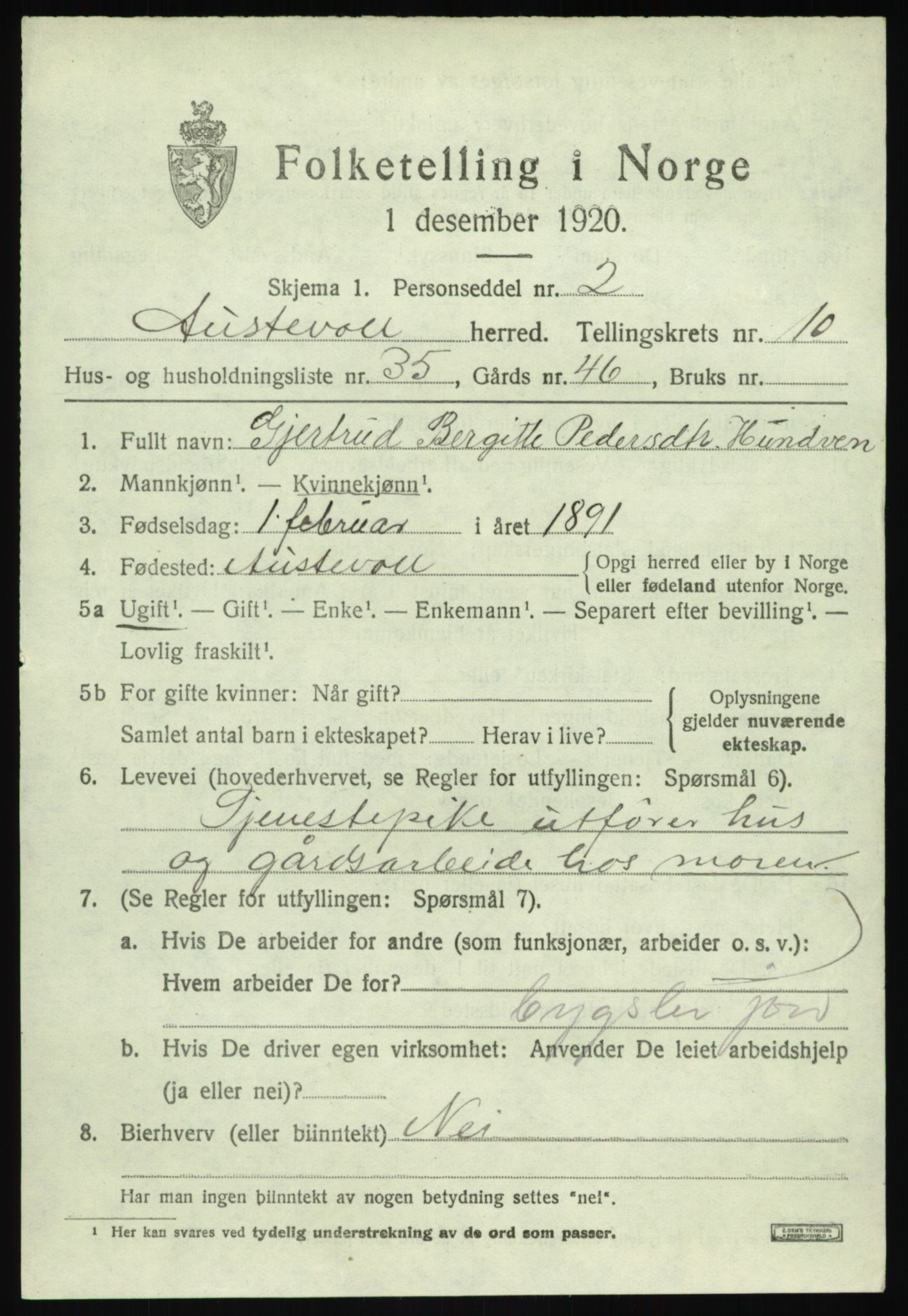 SAB, 1920 census for Austevoll, 1920, p. 6030