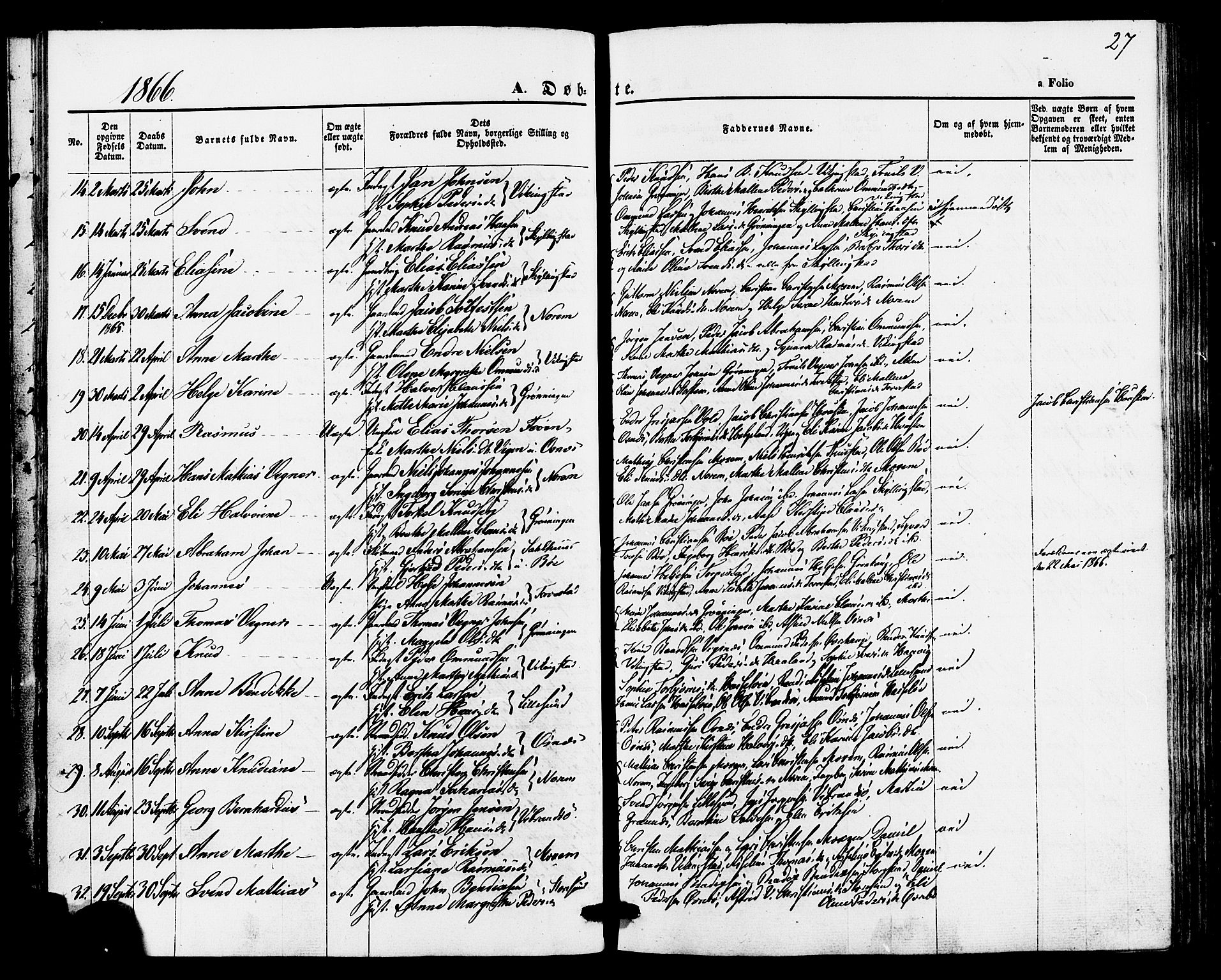 Torvastad sokneprestkontor, AV/SAST-A -101857/H/Ha/Haa/L0010: Parish register (official) no. A 10, 1857-1878, p. 27