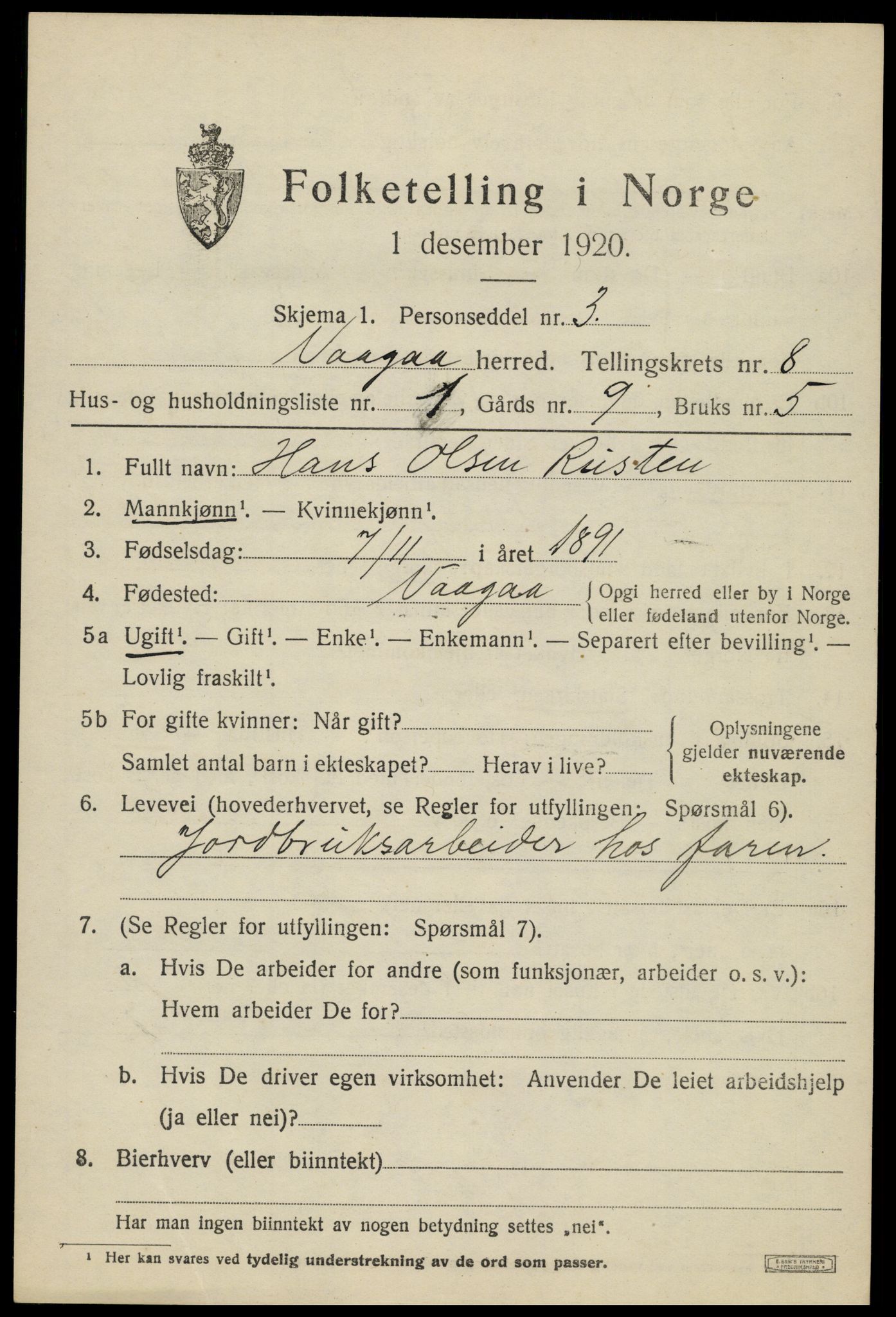 SAH, 1920 census for Vågå, 1920, p. 5984