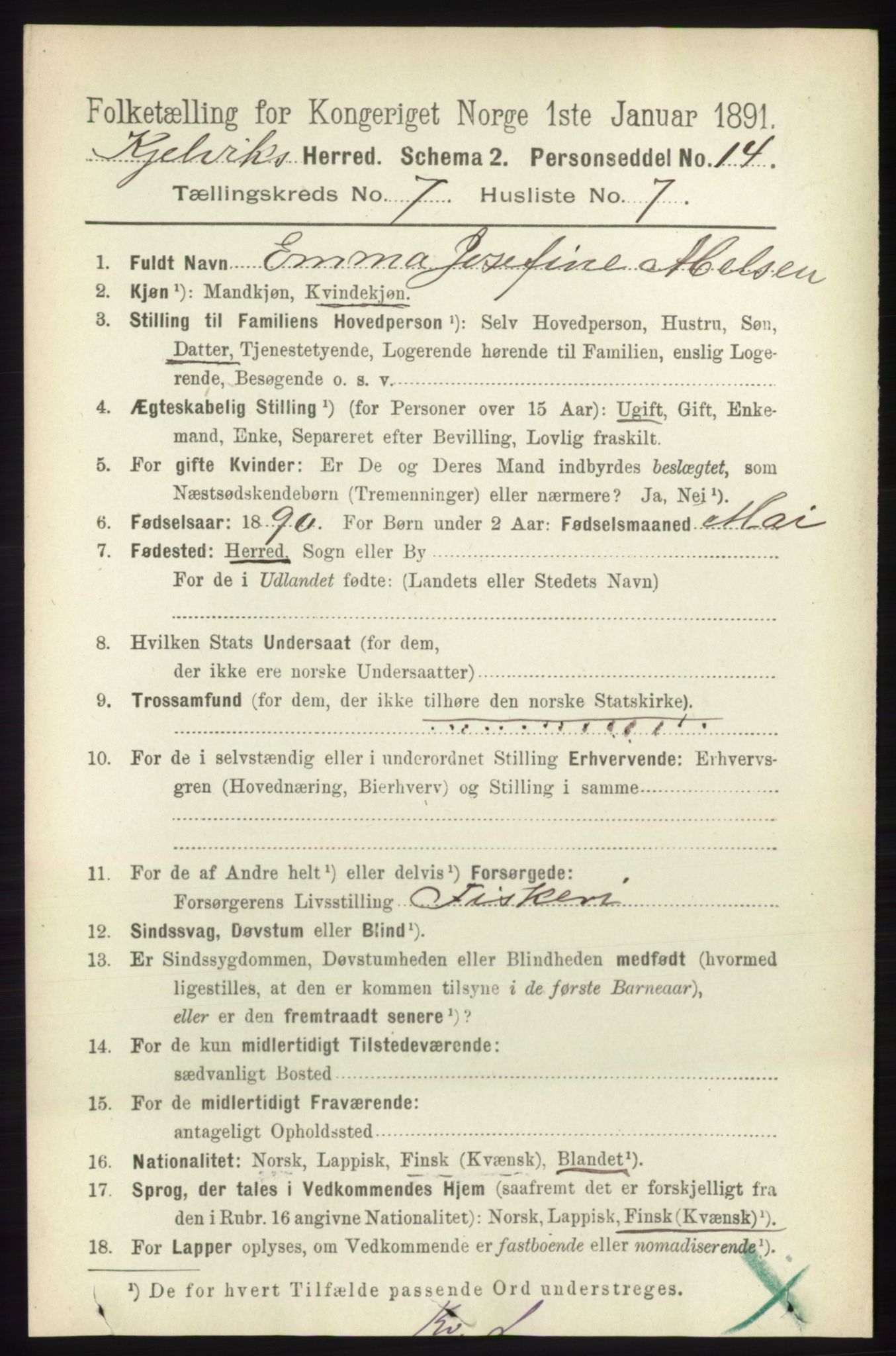 RA, 1891 census for 2019 Kjelvik, 1891, p. 938