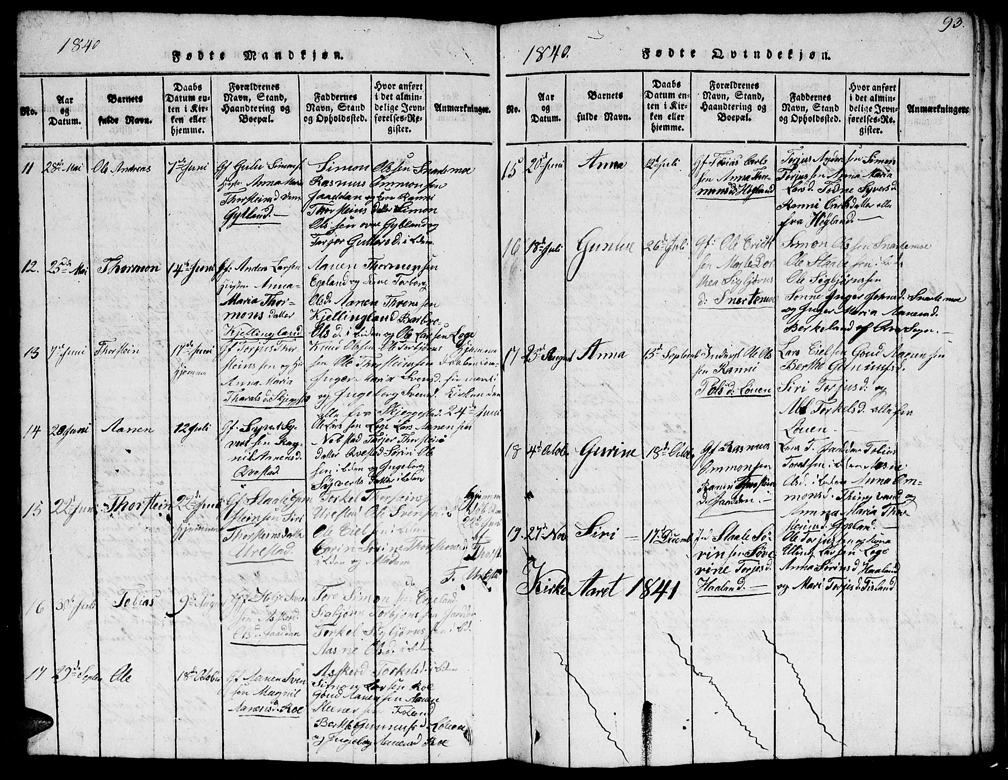 Hægebostad sokneprestkontor, AV/SAK-1111-0024/F/Fb/Fba/L0001: Parish register (copy) no. B 1, 1815-1844, p. 93